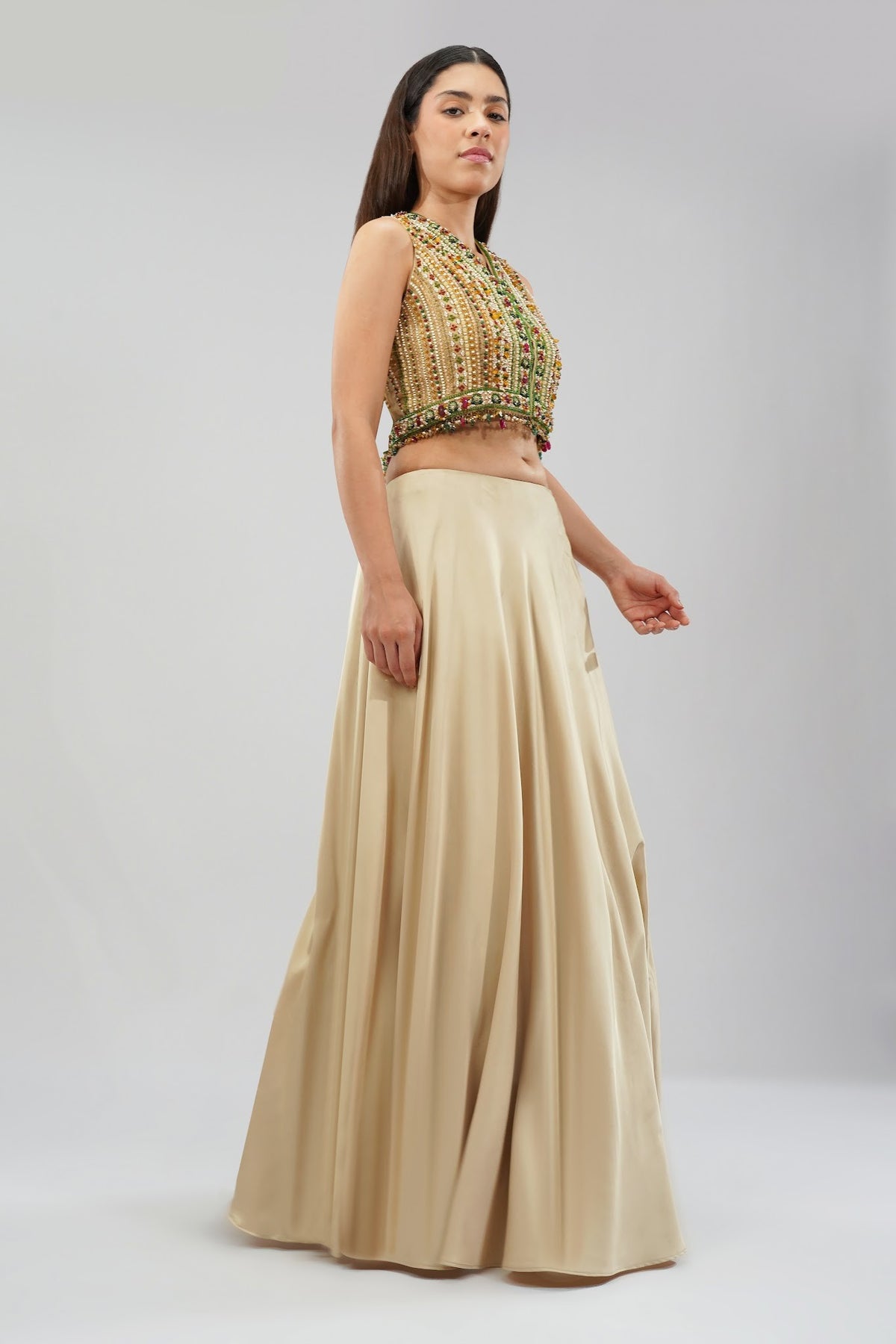 Amara Short Jacket Sleeveless Ruby Red Emerald Green Multi With Plain Flare Lehenga Full Length Champagne Beige