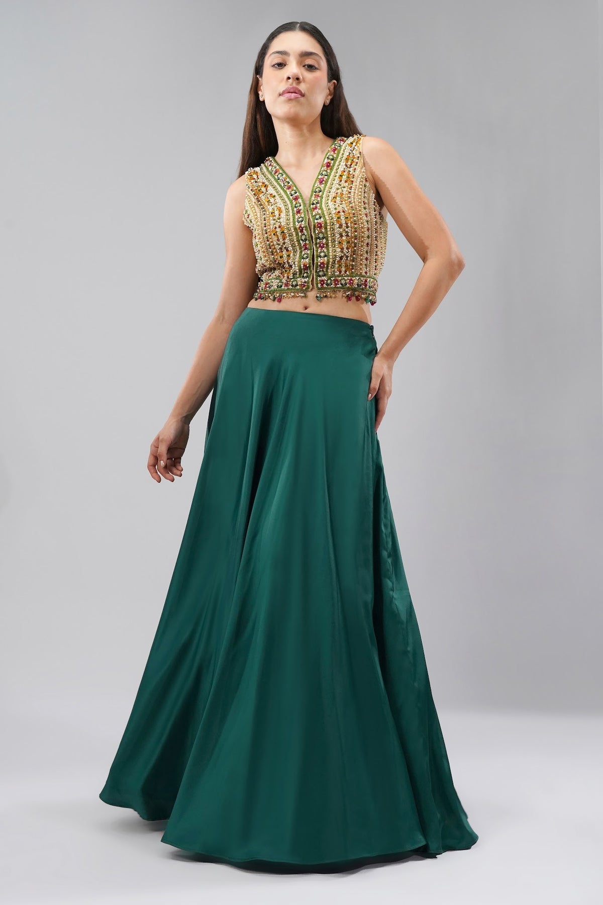 Amara Short Jacket Sleeveless Ruby Red Emerald Green Multi With Plain Flare Lehenga Full Length Emerald Green