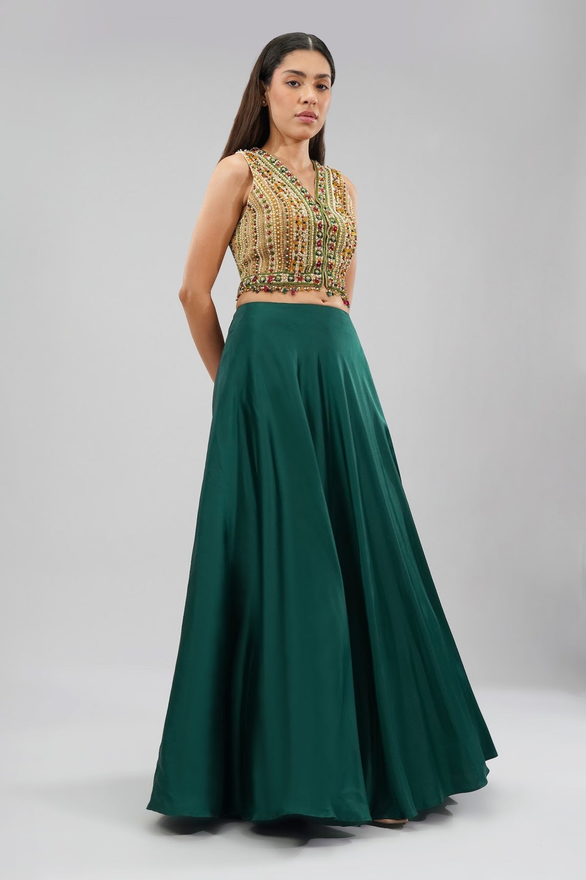 Amara Short Jacket Sleeveless Ruby Red Emerald Green Multi With Plain Flare Lehenga Full Length Emerald Green