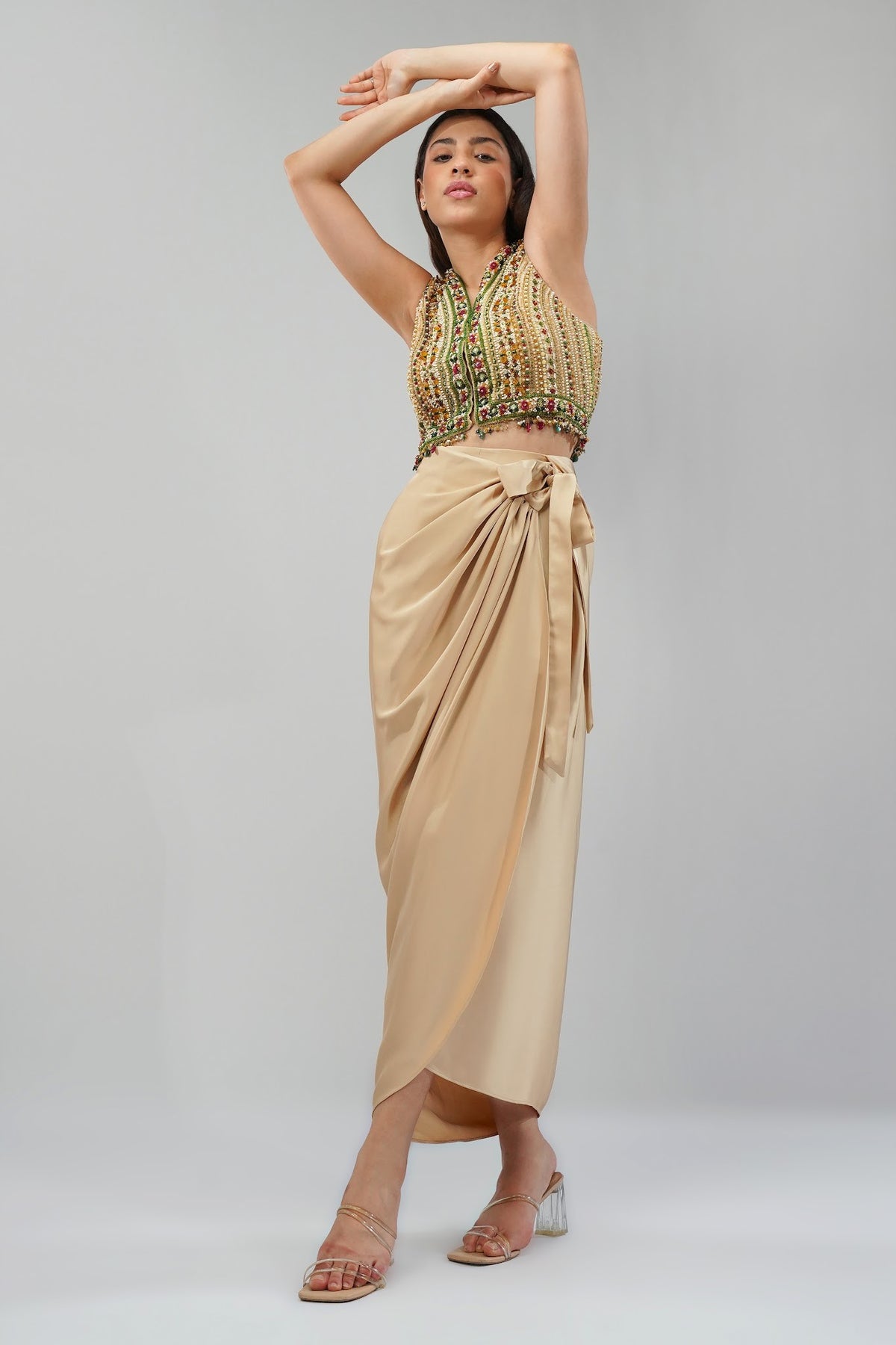 Amara Short Jacket Sleeveless Ruby Red Emerald Green Multi With Plain Tulip Freesize Full Length Wrap Skirt Champagne Beige