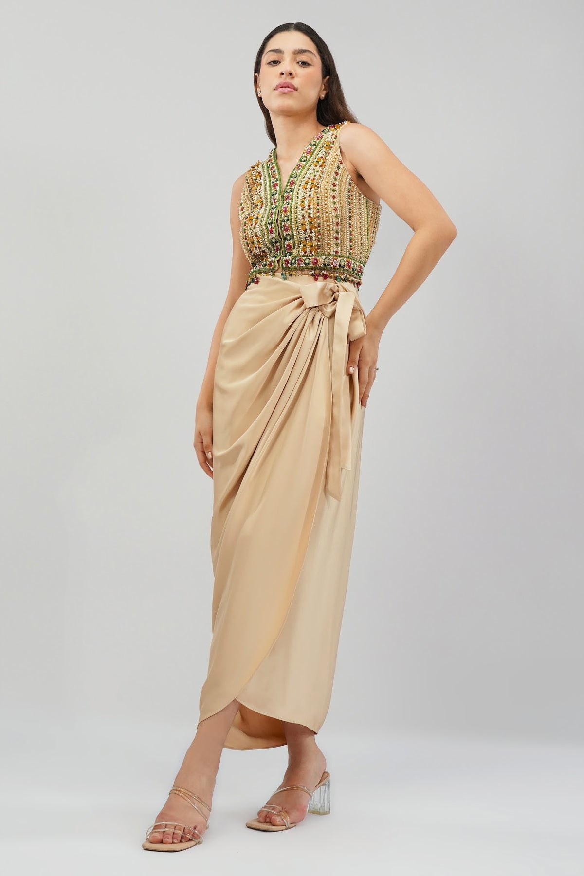 Amara Short Jacket Sleeveless Ruby Red Emerald Green Multi With Plain Tulip Freesize Full Length Wrap Skirt Champagne Beige