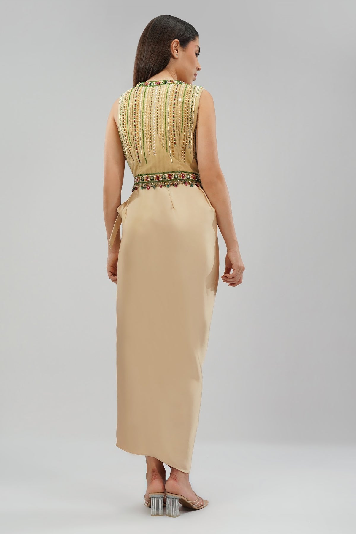 Amara Short Jacket Sleeveless Ruby Red Emerald Green Multi With Plain Tulip Freesize Full Length Wrap Skirt Champagne Beige