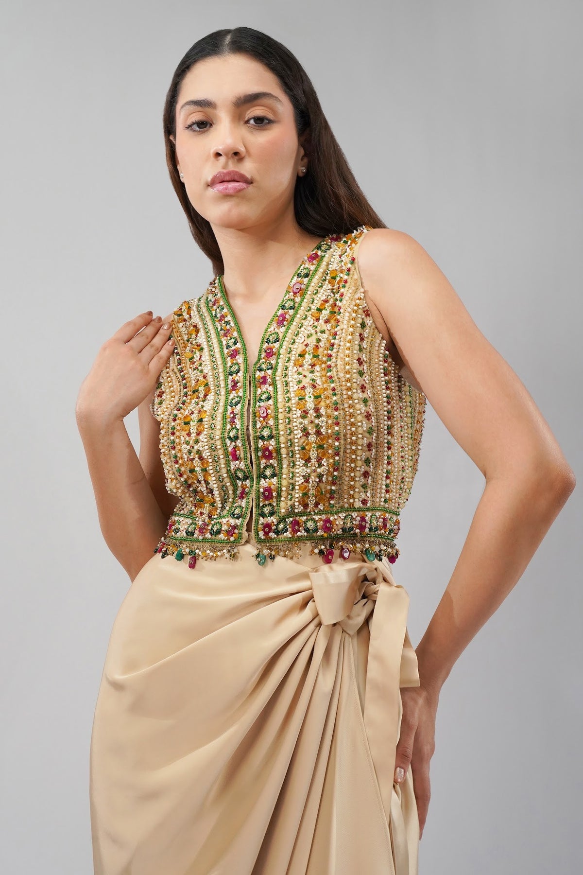 Amara Short Jacket Sleeveless Ruby Red Emerald Green Multi With Plain Tulip Freesize Full Length Wrap Skirt Champagne Beige