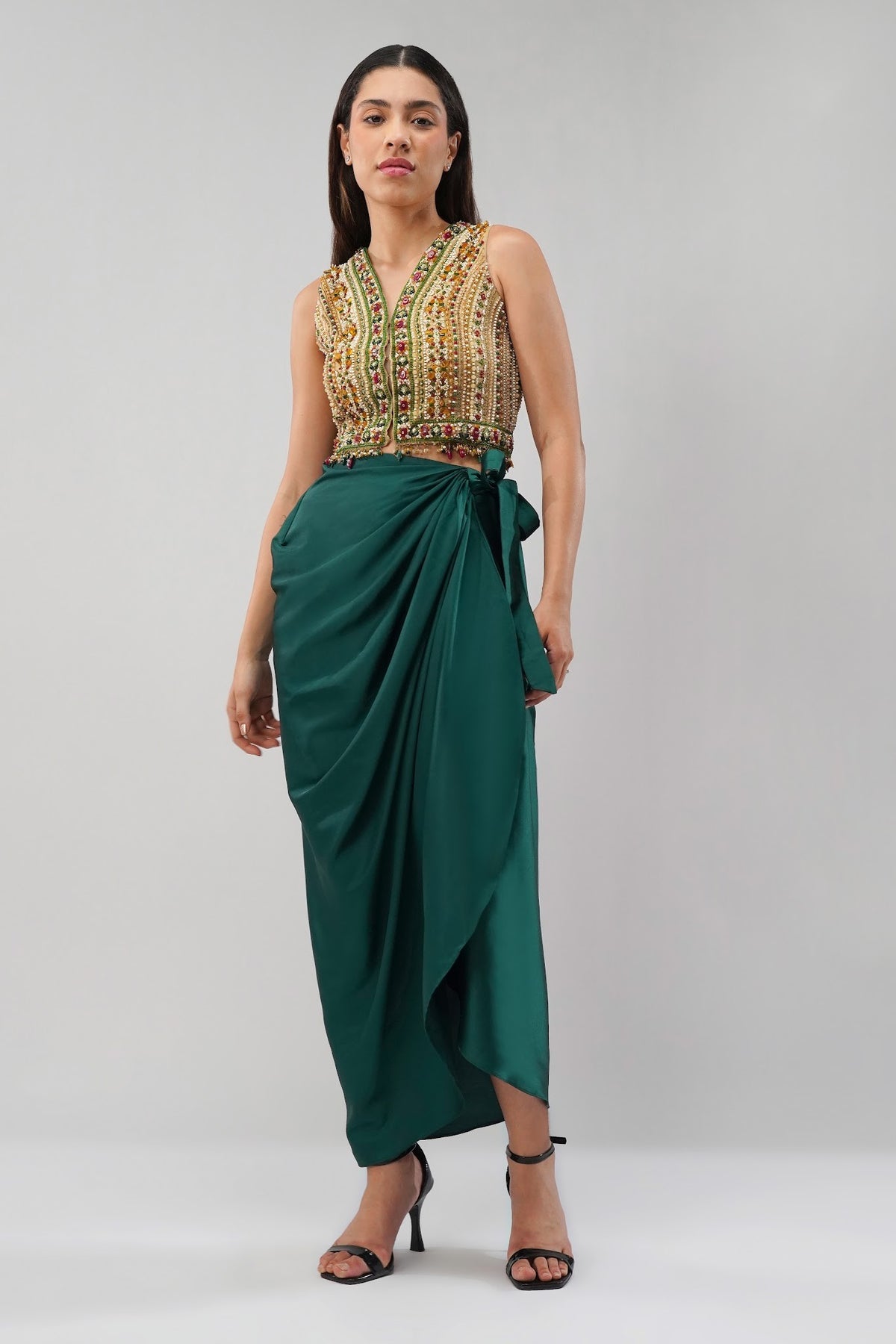 Amara Short Jacket Sleeveless Ruby Red Emerald Green Multi With Plain Tulip Freesize Full Length Wrap Skirt Emerald Green