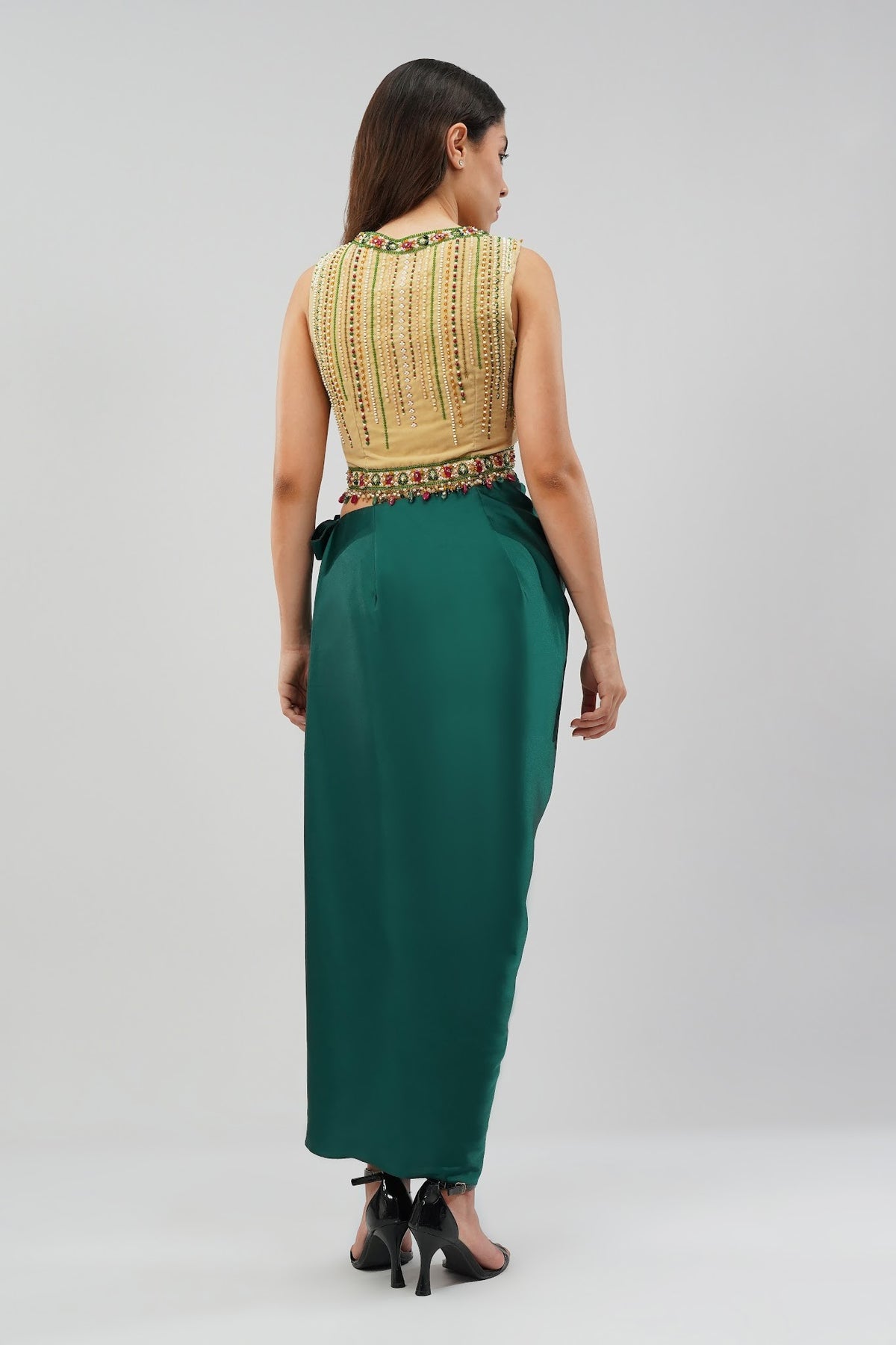 Amara Short Jacket Sleeveless Ruby Red Emerald Green Multi With Plain Tulip Freesize Full Length Wrap Skirt Emerald Green