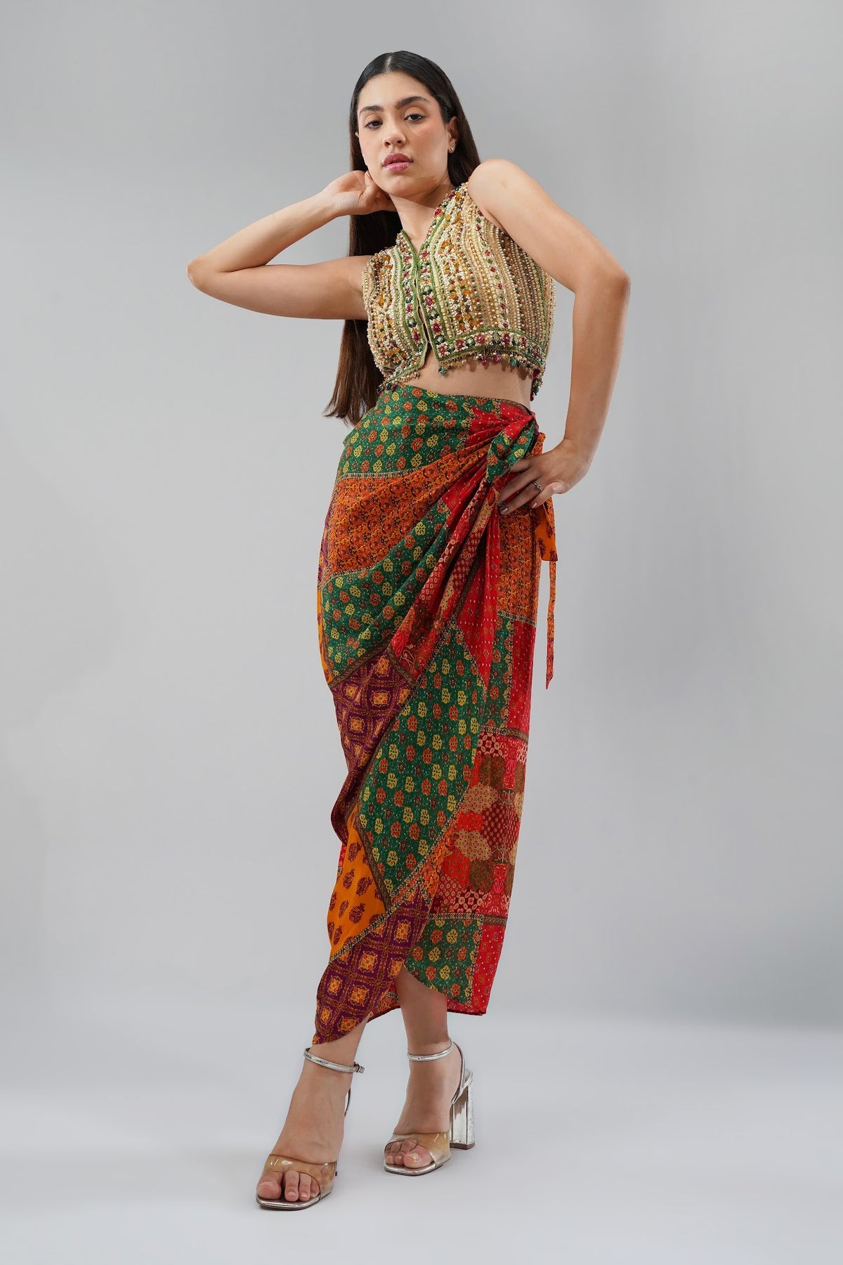Amara Short Jacket Sleeveless Ruby Red Emerald Green Multi With Sachi Tulip Freesize Full Length Wrap Skirt Ruby Red Emerald Green Multi