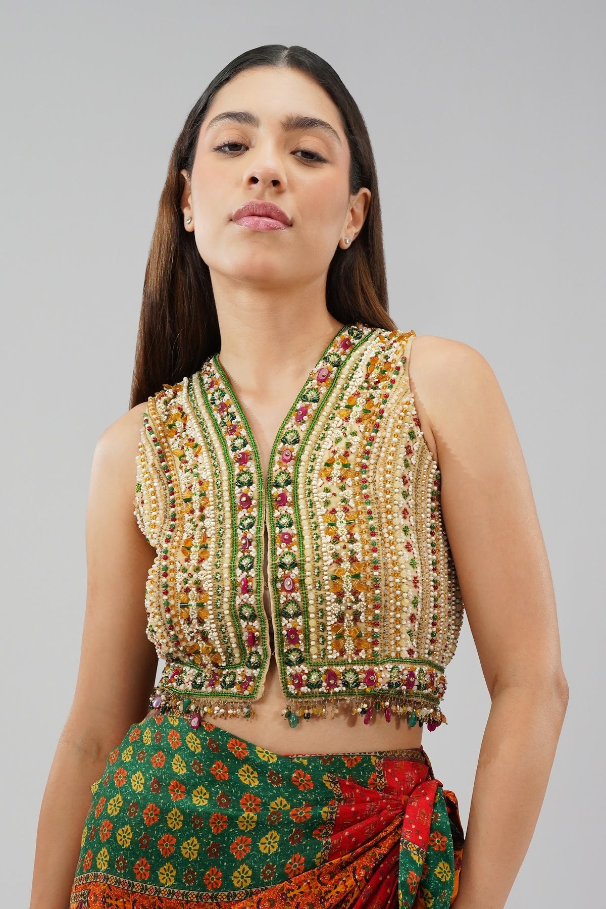 Amara Short Jacket Sleeveless Ruby Red Emerald Green Multi With Sachi Tulip Freesize Full Length Wrap Skirt Ruby Red Emerald Green Multi