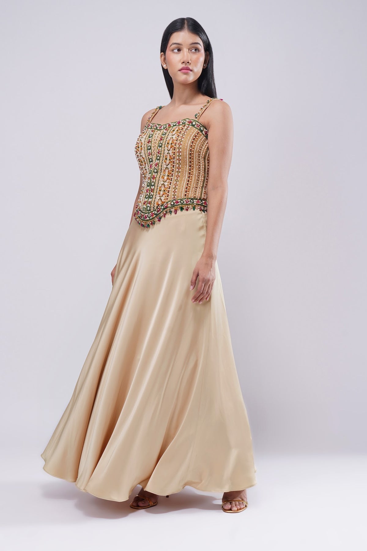 Amara Strap Corset Full-Length Princess Cut Bustier Ruby Red Emerald Green Multi With Plain Flare Lehenga Full Length Champagne Beige