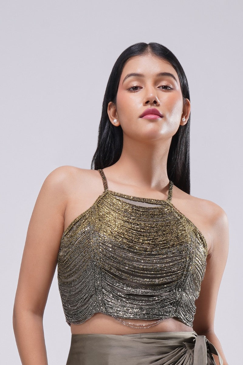 Aura Crop Top Strappy Sleeve Antique Gold Antique Silver