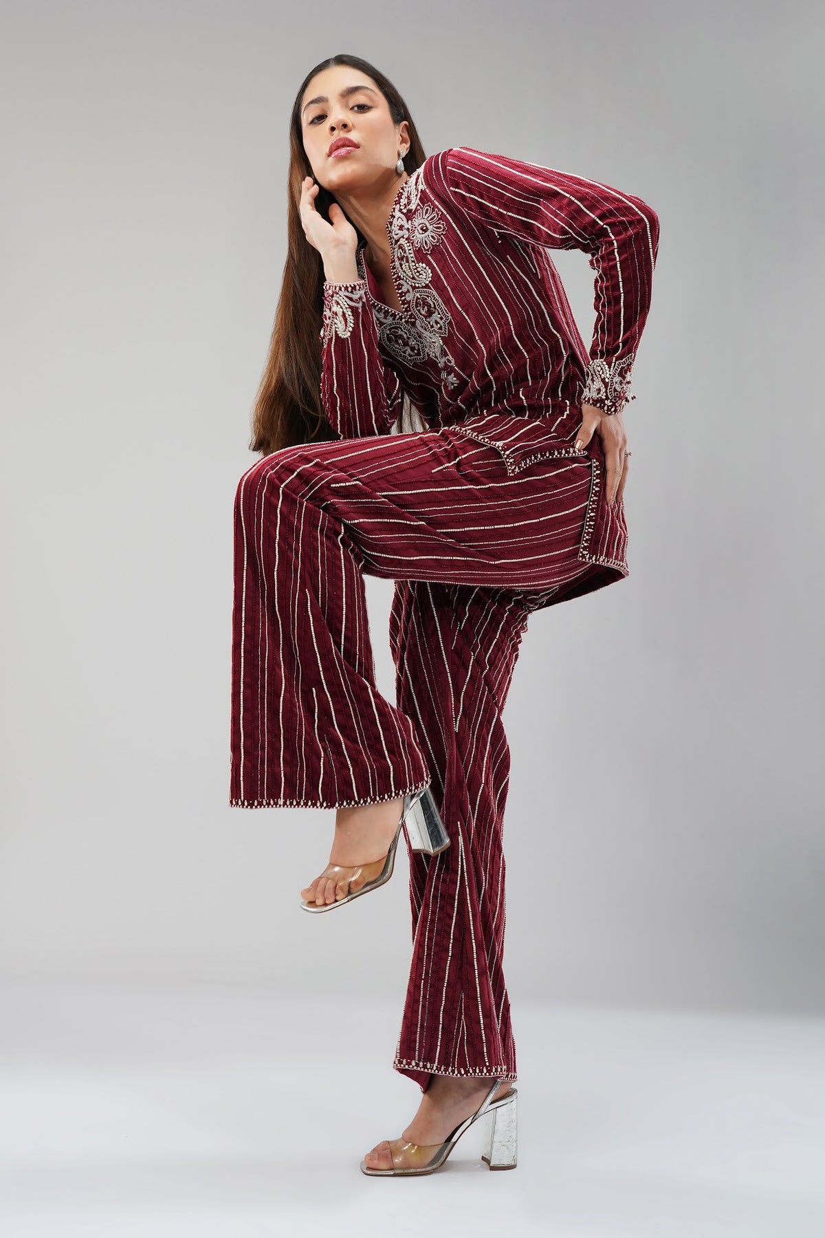 Bijoux Kurta Pant Set Pristine Ivory Ruby Red