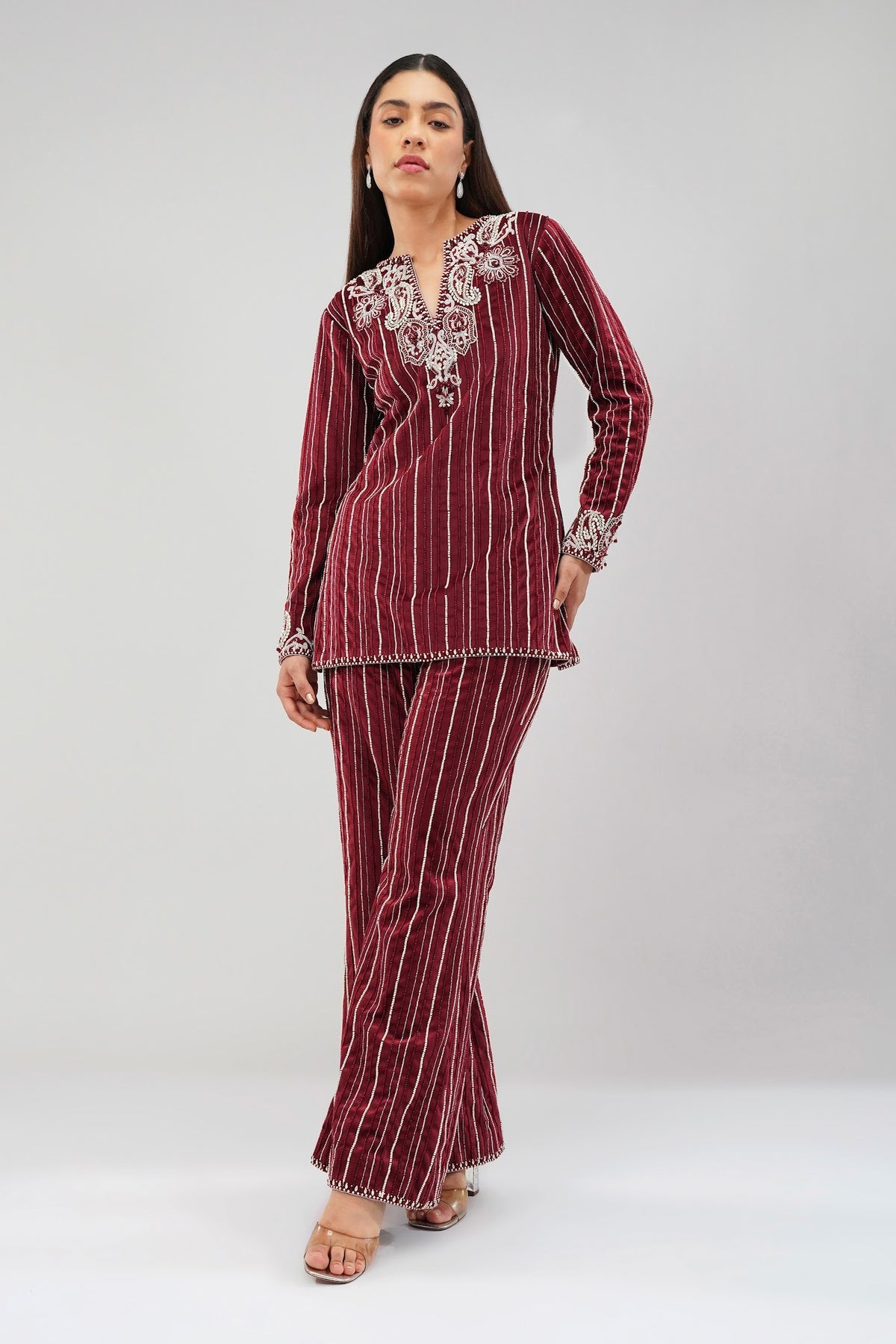 Bijoux Kurta Pant Set Pristine Ivory Ruby Red