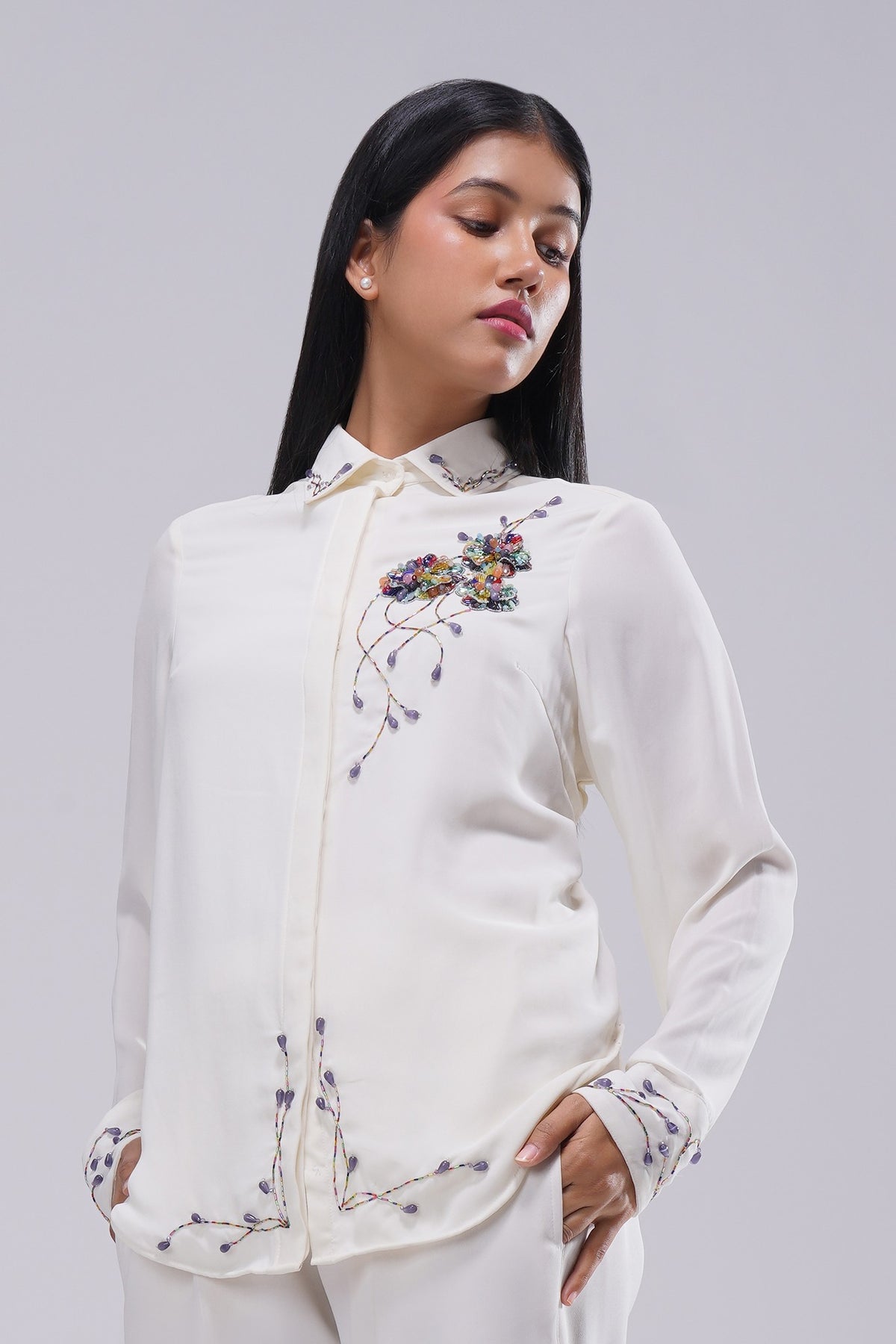Corsage Embellished Full Sleeve Shirt Pristine Ivory Multi