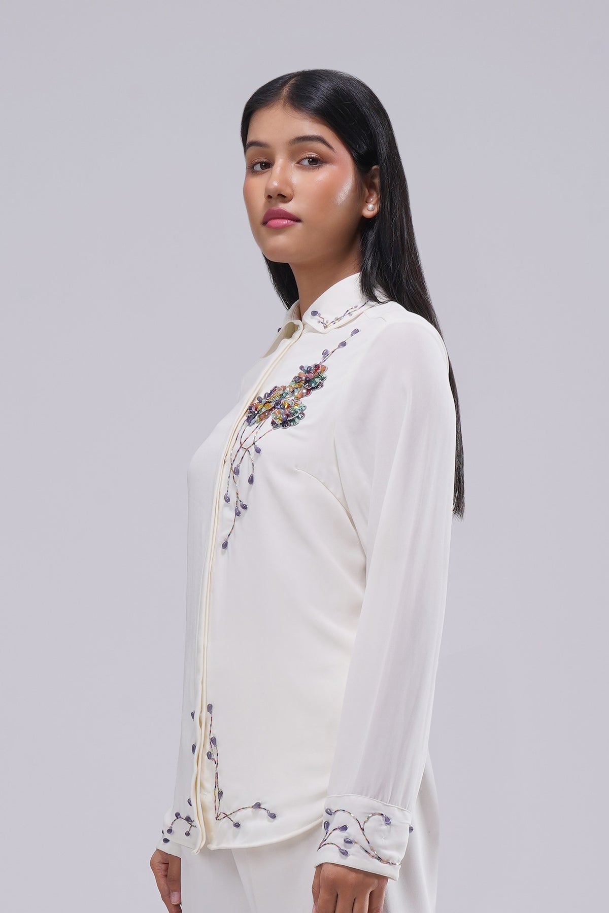 Corsage Embellished Full Sleeve Shirt Pristine Ivory Multi