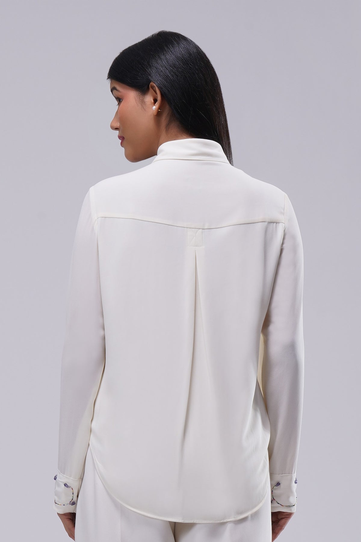 Corsage Embellished Full Sleeve Shirt Pristine Ivory Multi