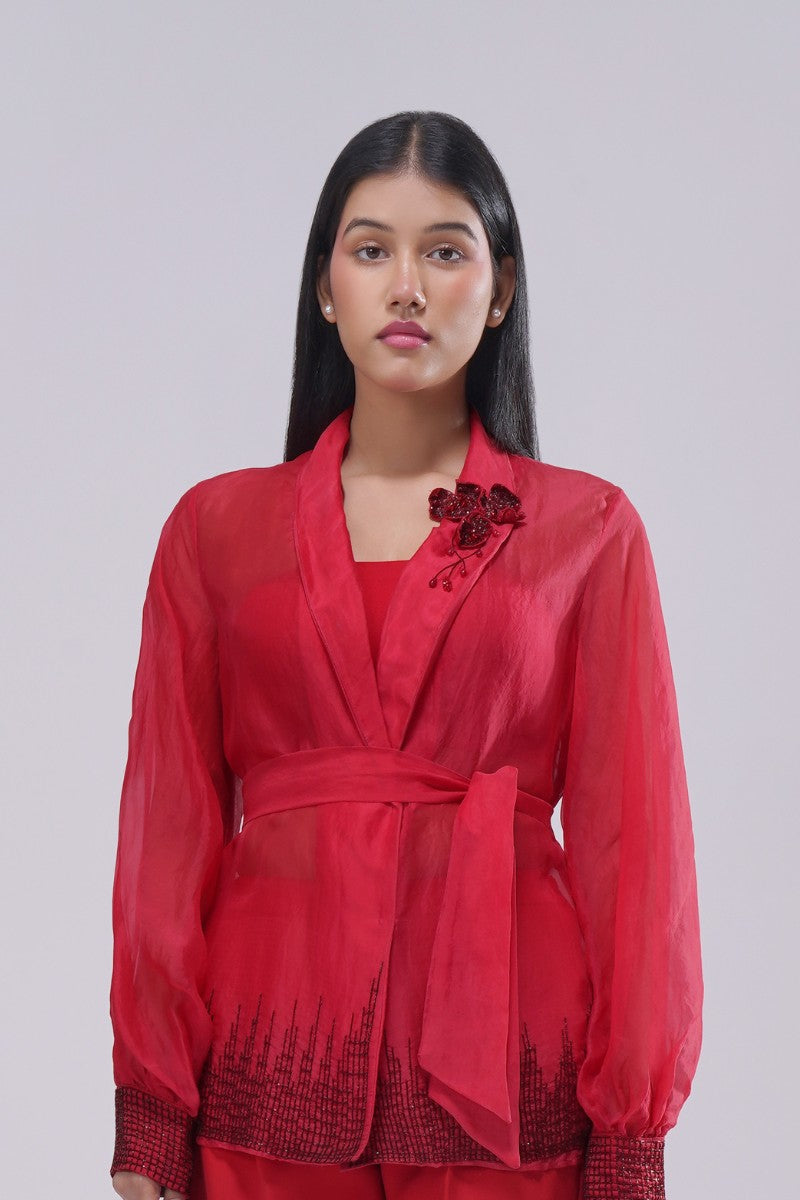 Fiona Organza Jacket Full Sleeve Carnelian Red