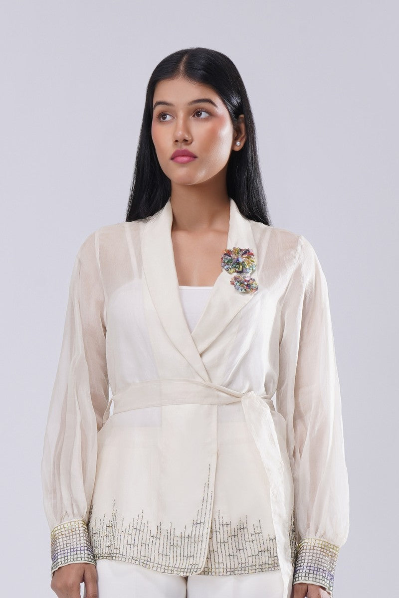 Fiona Organza Jacket Full Sleeve Pristine Ivory Multi