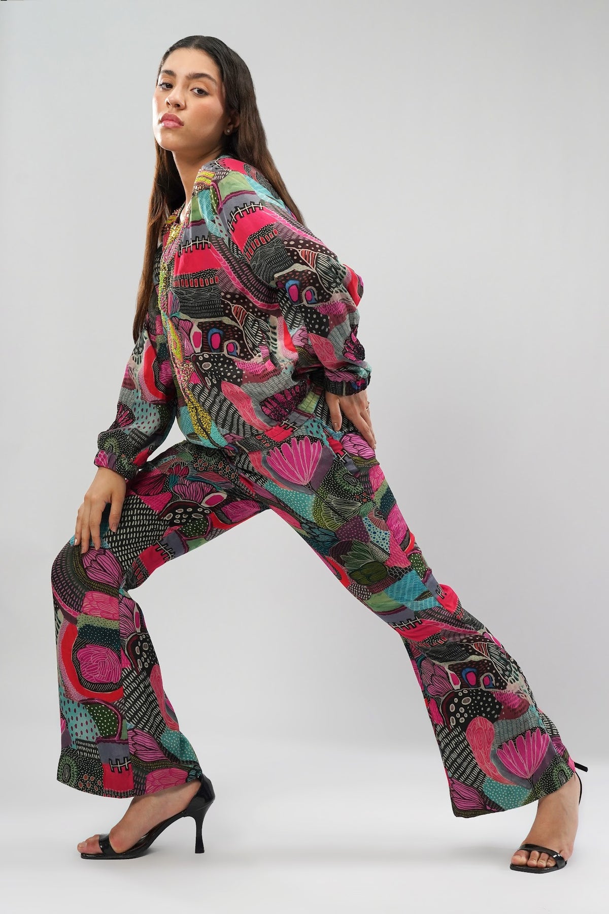 Meer Bomber Jacket Topaz Pink Multi With Meer Flare Pant Topaz Pink Multi