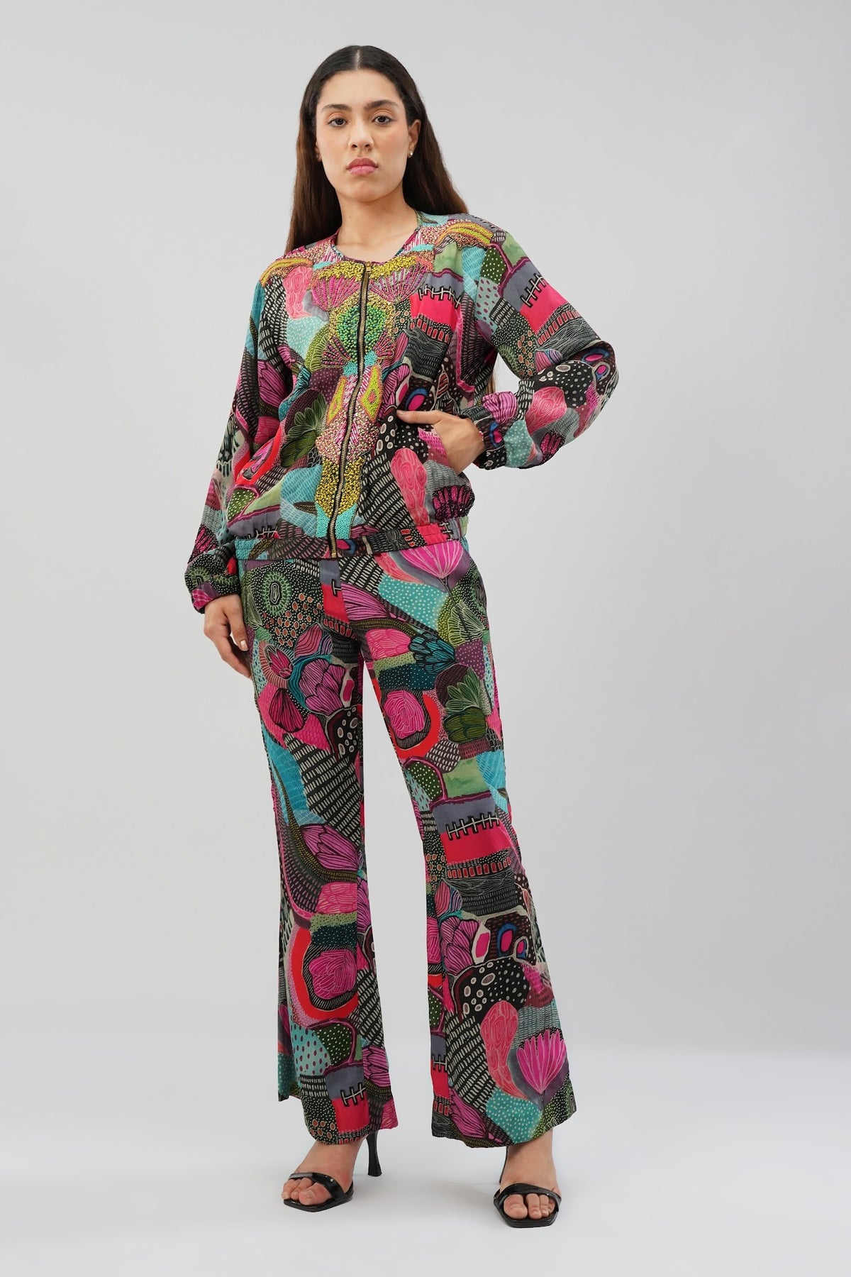 Meer Bomber Jacket Topaz Pink Multi With Meer Flare Pant Topaz Pink Multi