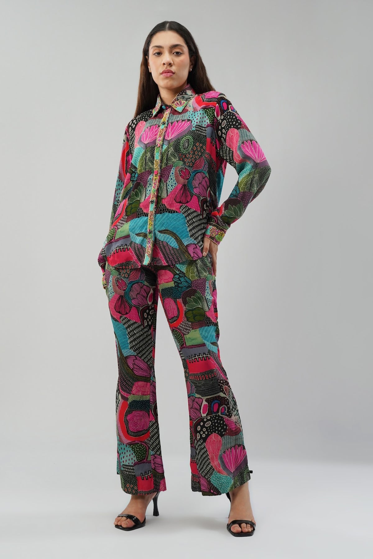 Meer Embellished Full Sleeve Shirt Topaz Pink Multi With Flare Pant Topaz Pink Multi