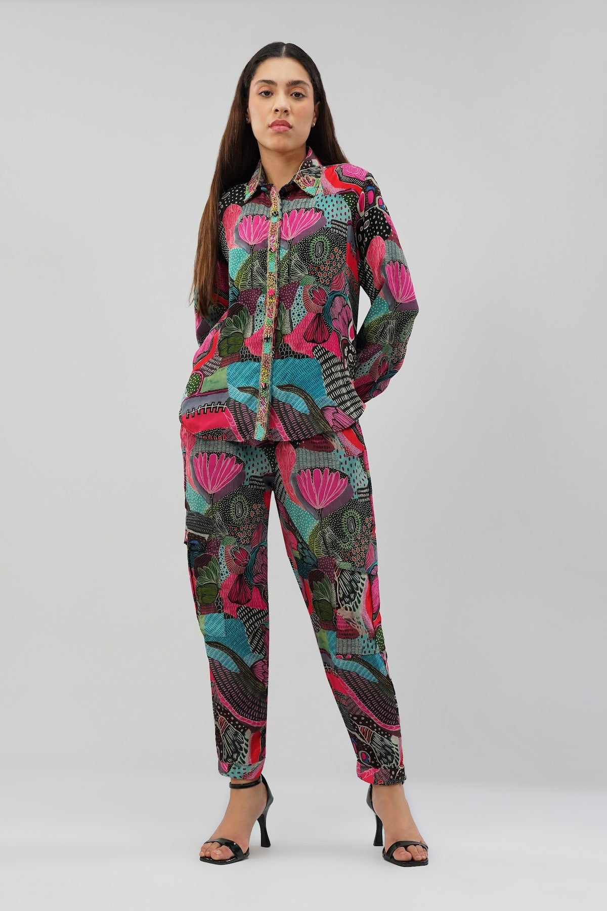 Meer Embellished Full Sleeve Shirt Topaz Pink Multi With Meer Jogger Pant Topaz Pink Multi