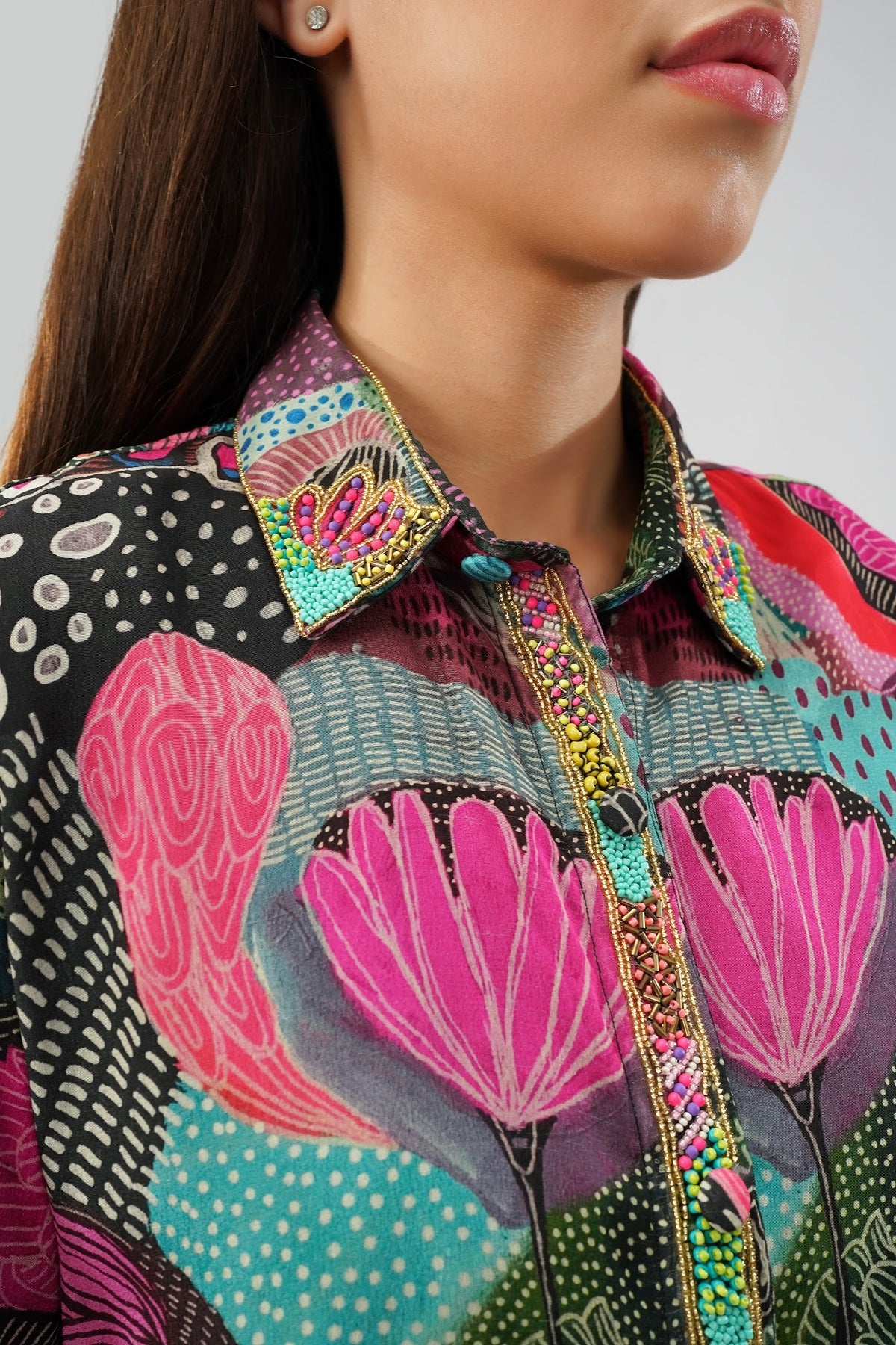 Meer Embellished Shirt Full Sleeve Topaz Pink Multi With Meer Tulip Wrap Skirt Sleeve Topaz Pink Multi