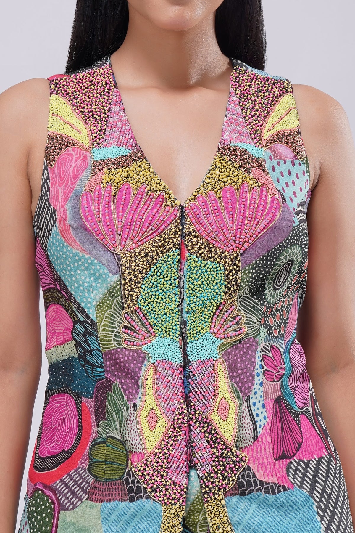 Meer Full Length Waist Coat Sleeve Less Topaz Pink Multi