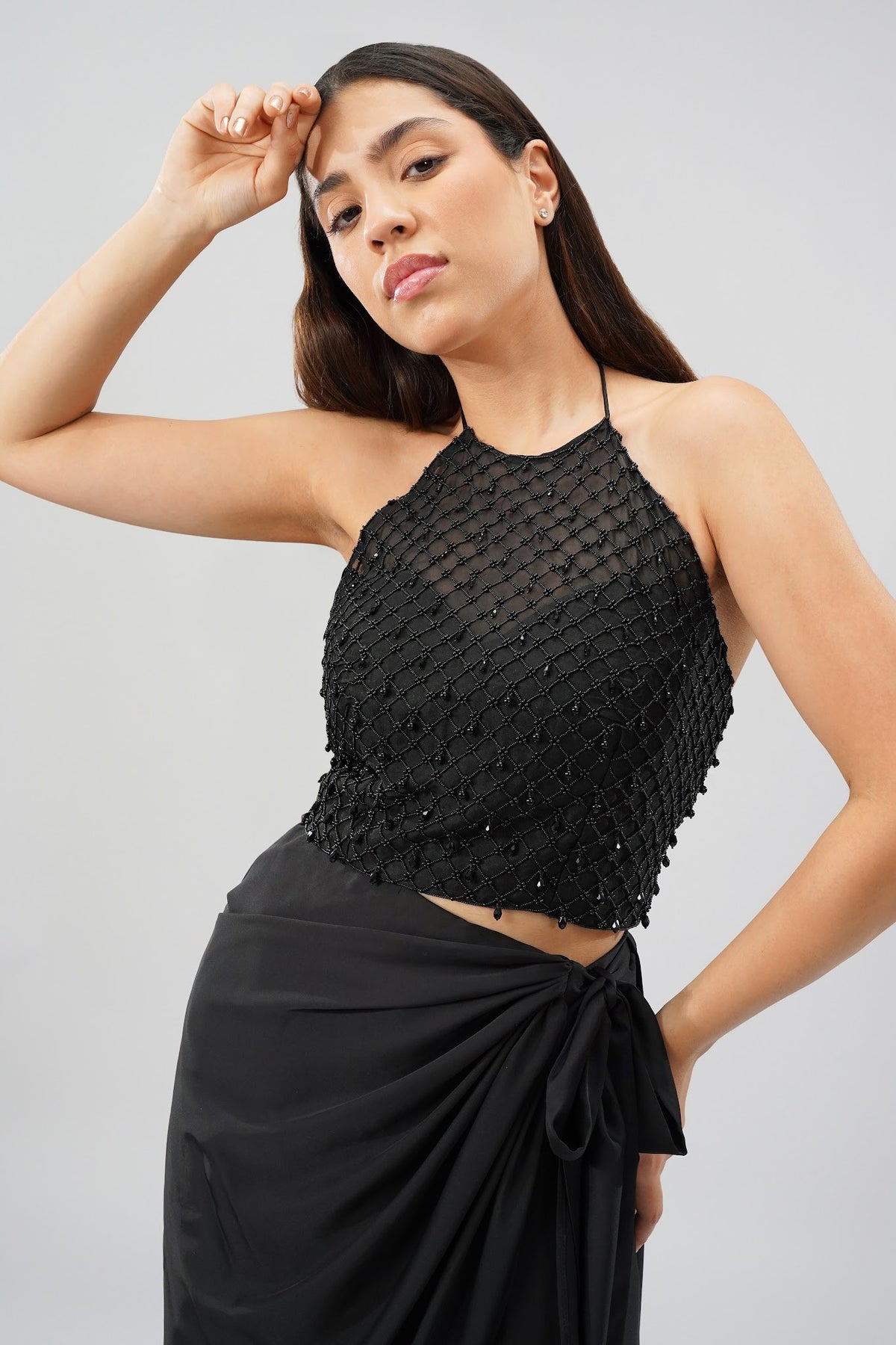 Opal Crop Top Halterneck Backless With Plain Tulip Freesize Wrap Skirt Heritage Black