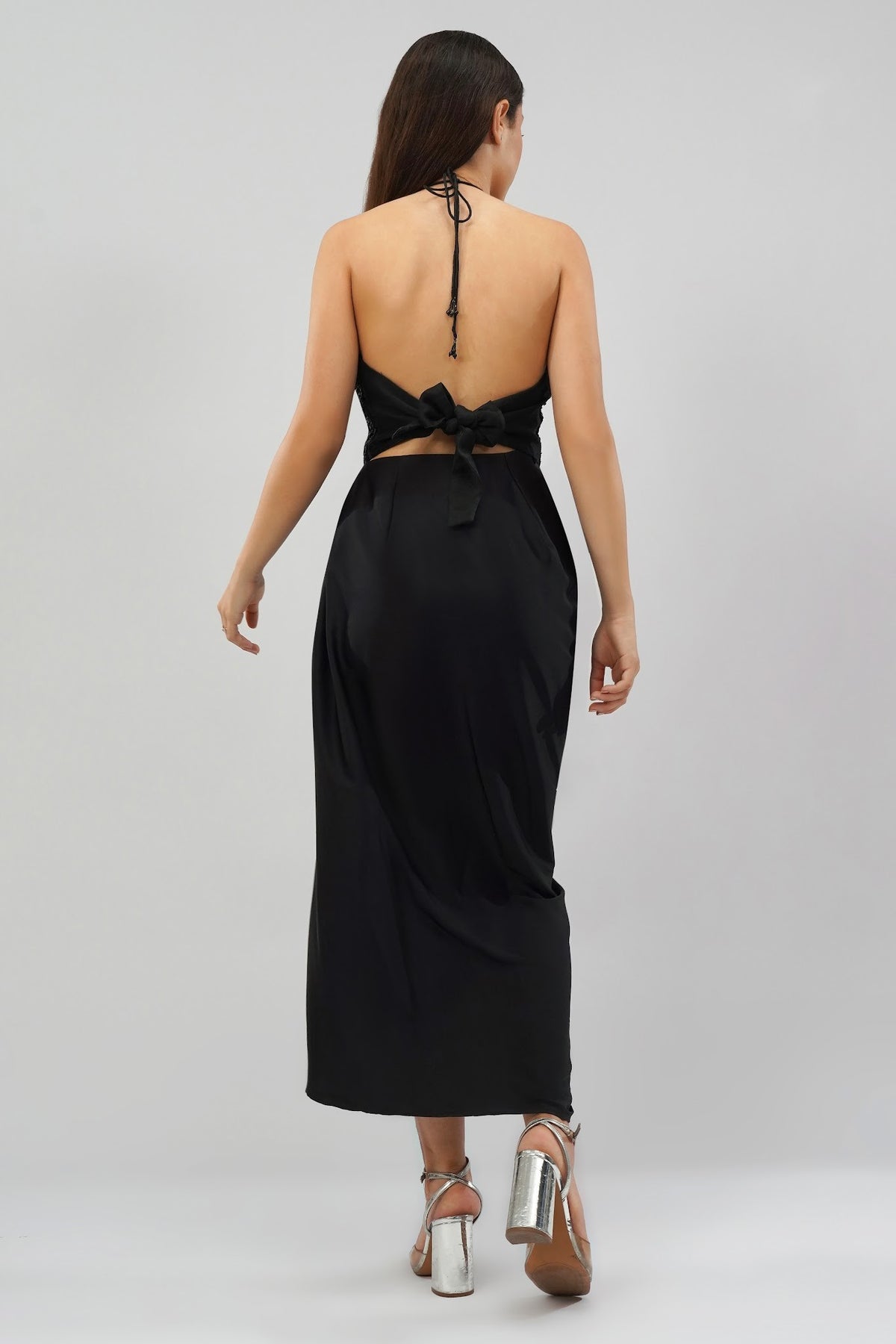 Opal Crop Top Halterneck Backless With Plain Tulip Freesize Wrap Skirt Heritage Black