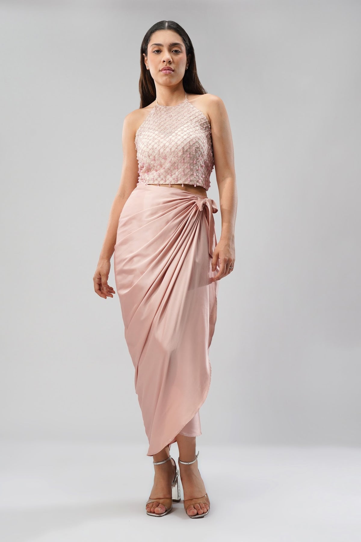 Opal Crop Top Halterneck Backless Rose Quartz Pink With Plain Tulip Freesize Wrap Skirt Rose Quartz Pink