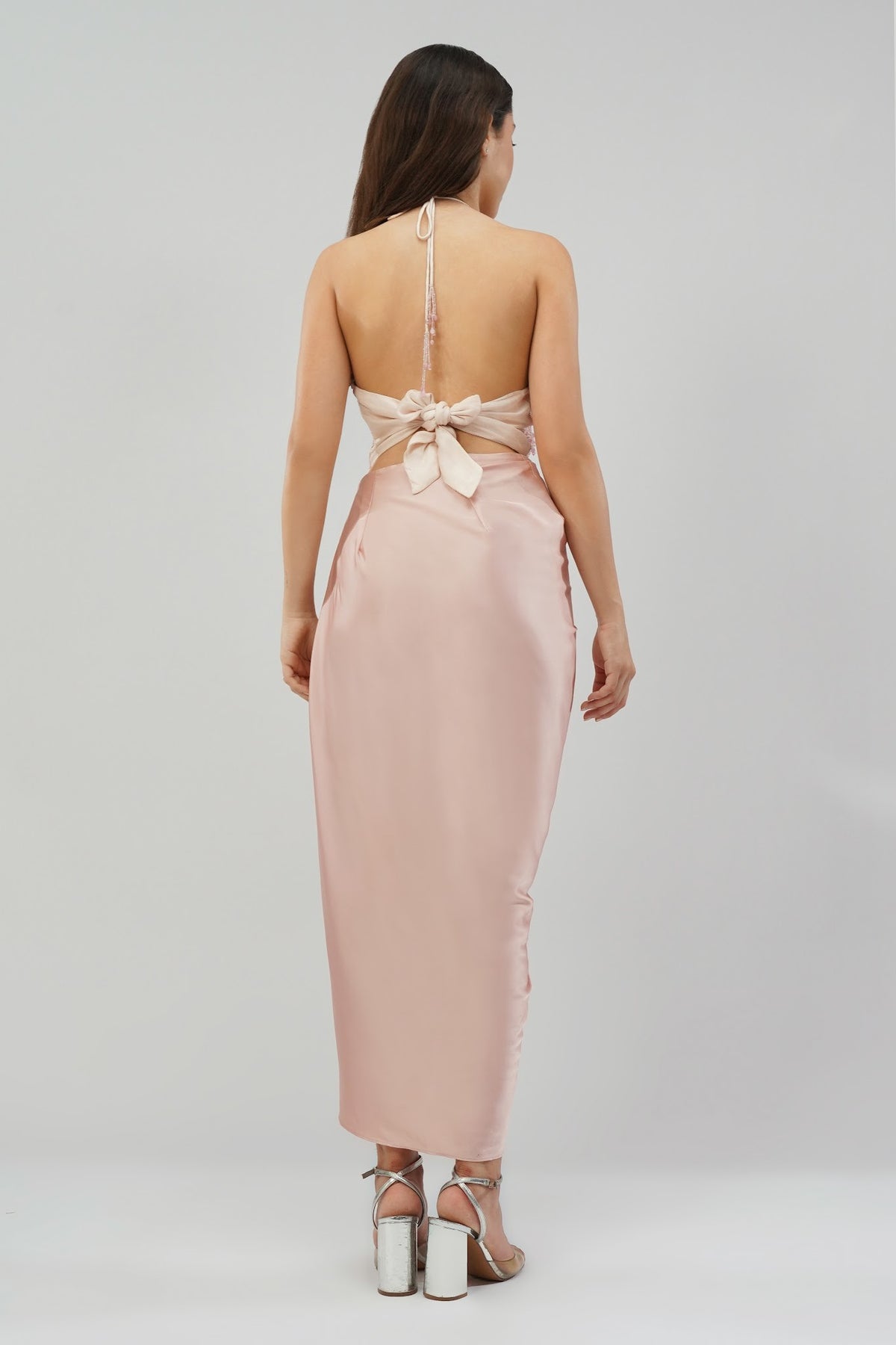 Opal Crop Top Halterneck Backless Rose Quartz Pink With Plain Tulip Freesize Wrap Skirt Rose Quartz Pink
