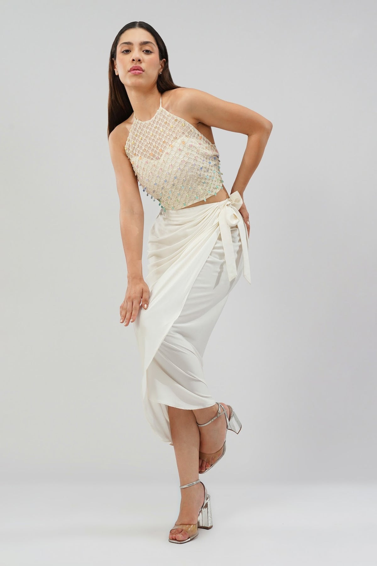 Opal Crop Top Halterneck Backless With Plain Tulip Freesize Wrap Skirt Pristine Ivory