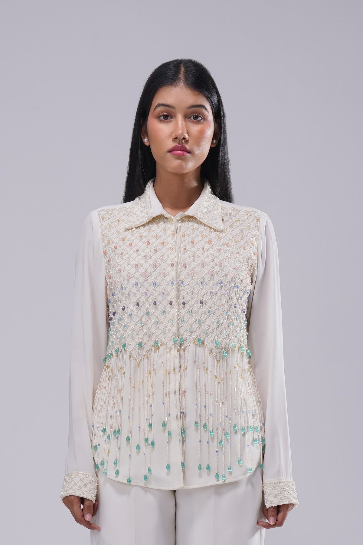 Opal Embellished Full Sleeve Shirt Pristine Ivory Multi