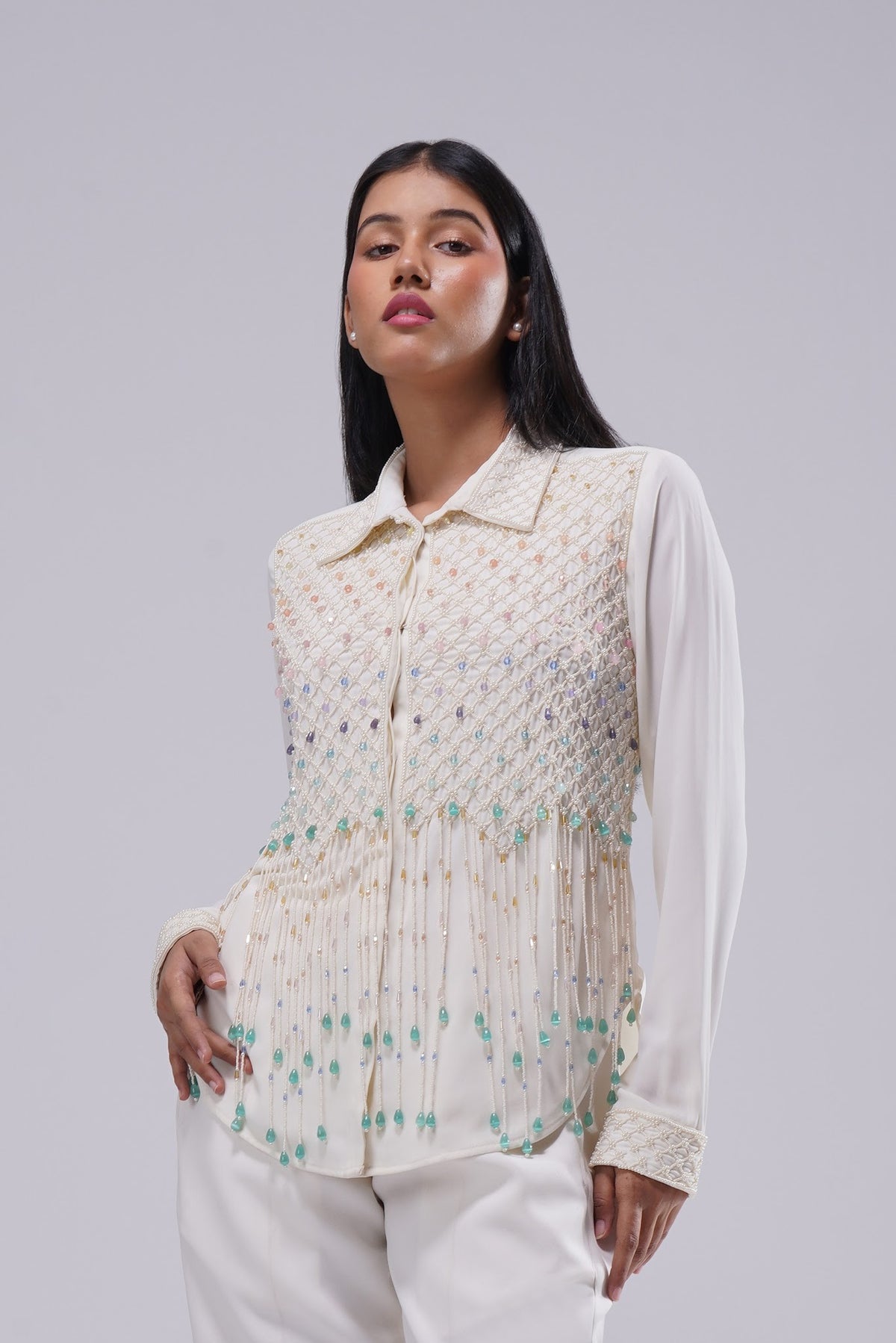 Opal Embellished Full Sleeve Shirt Pristine Ivory Multi