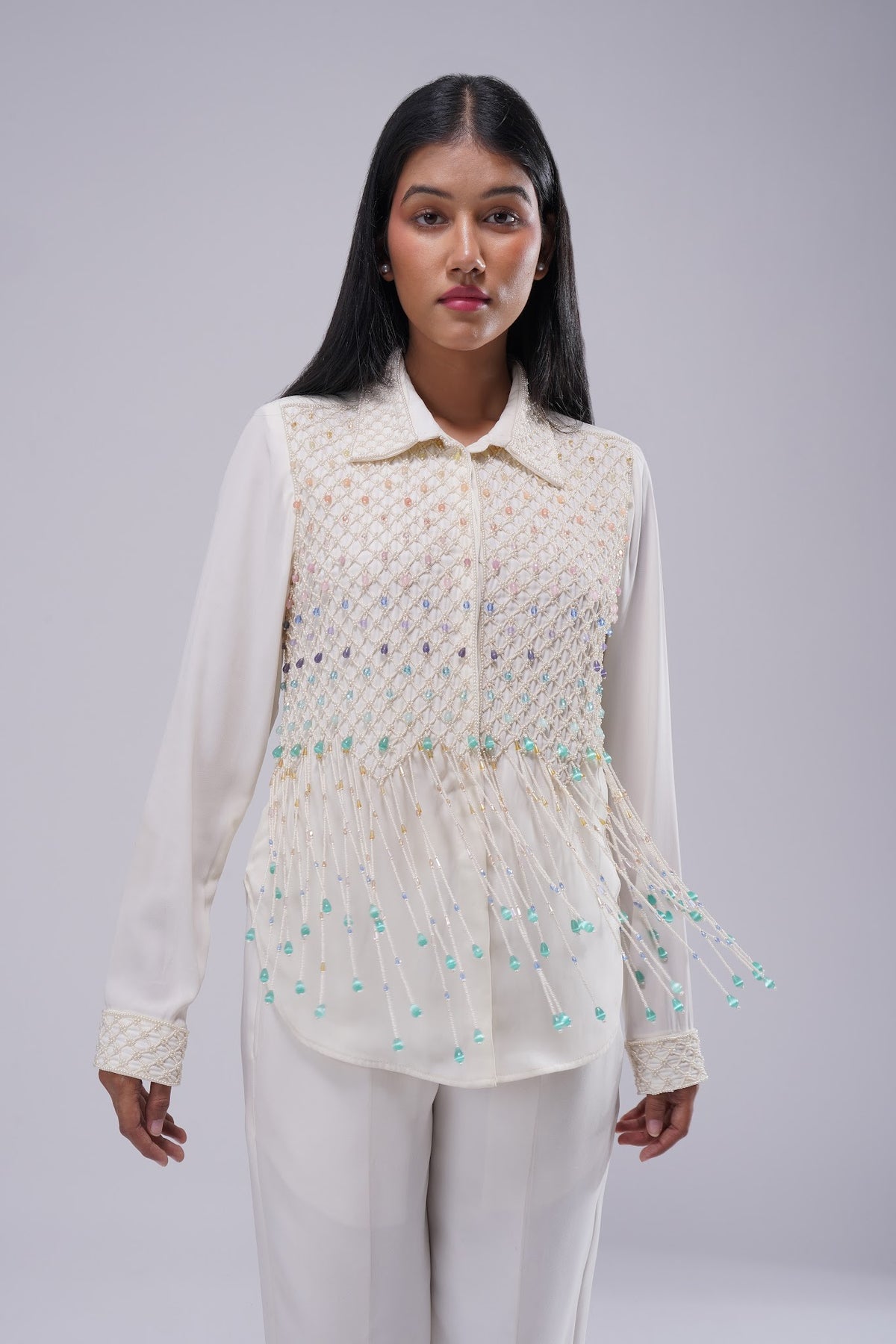 Opal Embellished Full Sleeve Shirt Pristine Ivory Multi