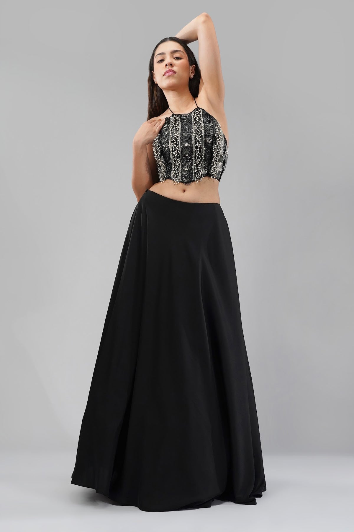 Ruche Crop Top Halterneck Backless Heritage Black With Plain Flare Lehenga Full Length Heritage Black