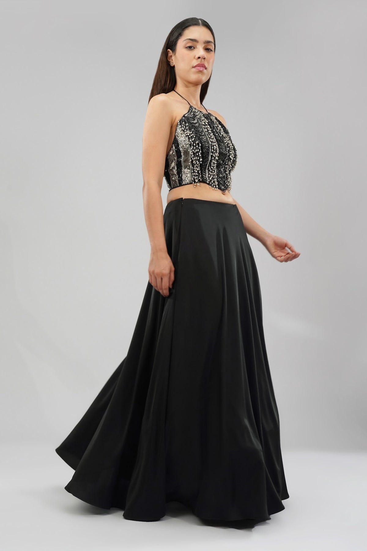 Ruche Crop Top Halterneck Backless Heritage Black With Plain Flare Lehenga Full Length Heritage Black