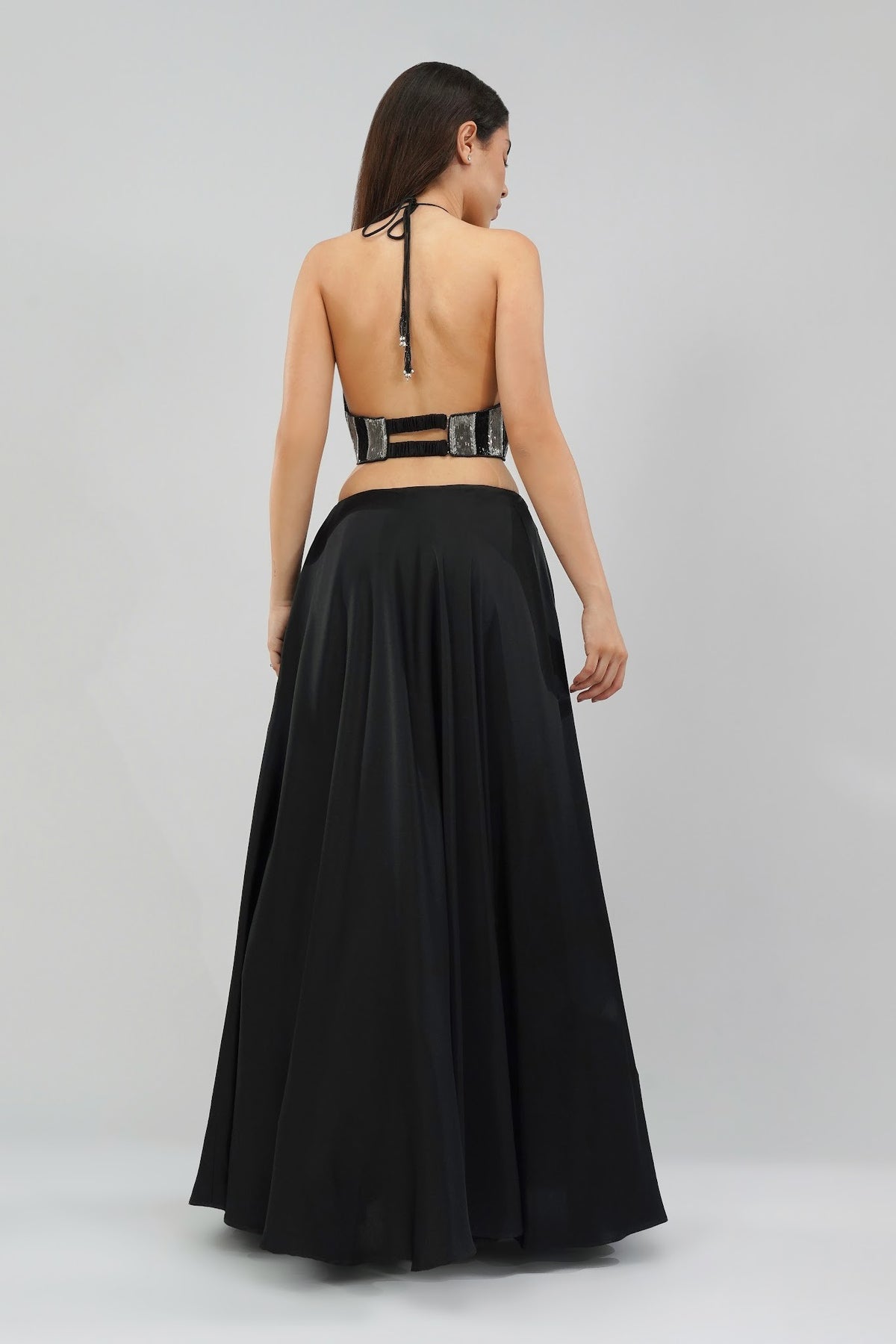 Ruche Crop Top Halterneck Backless Heritage Black With Plain Flare Lehenga Full Length Heritage Black