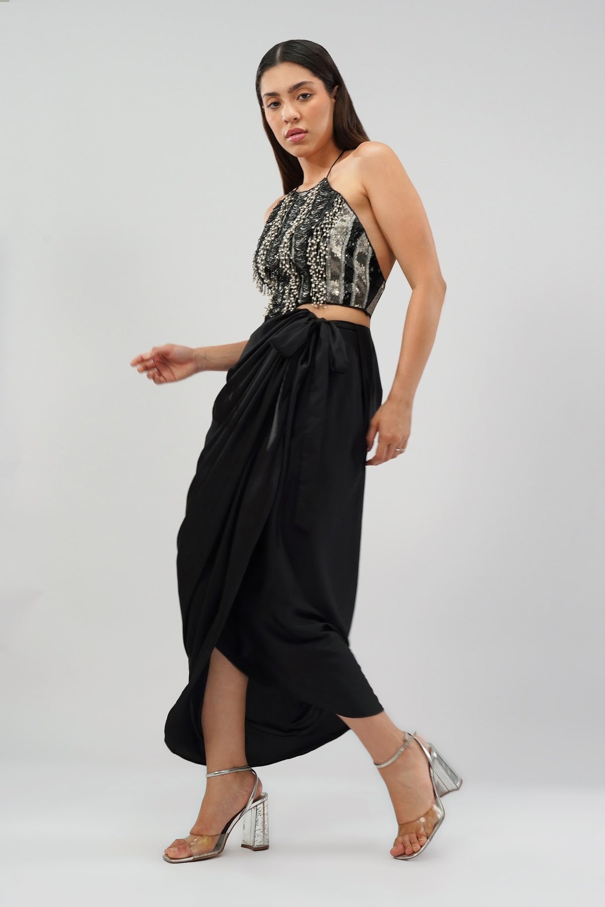 Ruche Crop Top Halterneck Backless Heritage Black With Tulip Freesize Full Length Wrap Skirt Heritage Black