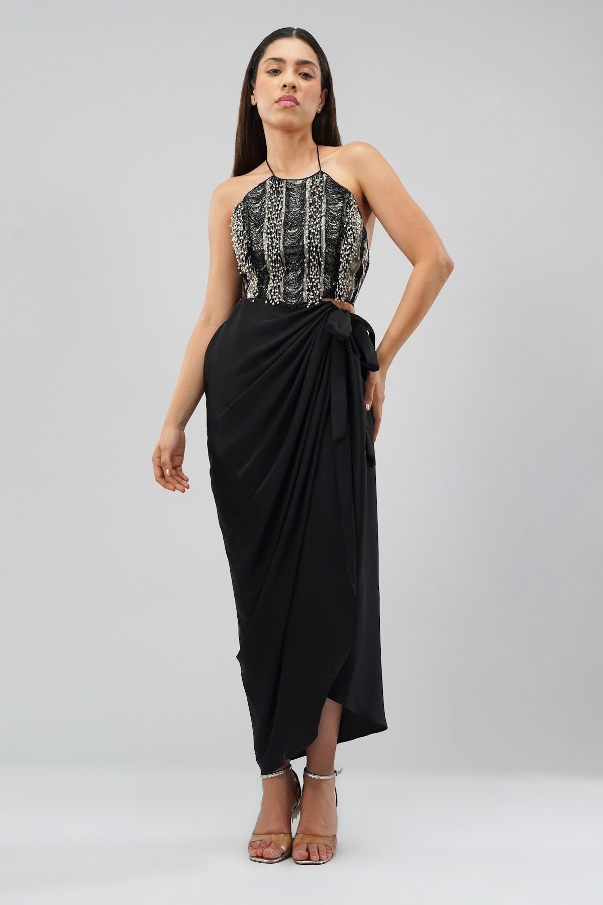 Ruche Crop Top Halterneck Backless Heritage Black With Tulip Freesize Full Length Wrap Skirt Heritage Black