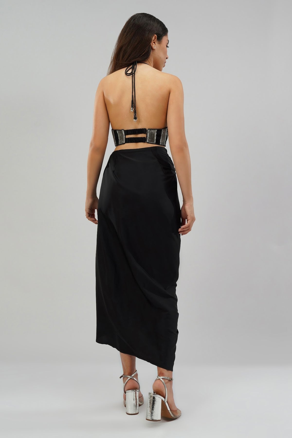Ruche Crop Top Halterneck Backless Heritage Black With Tulip Freesize Full Length Wrap Skirt Heritage Black