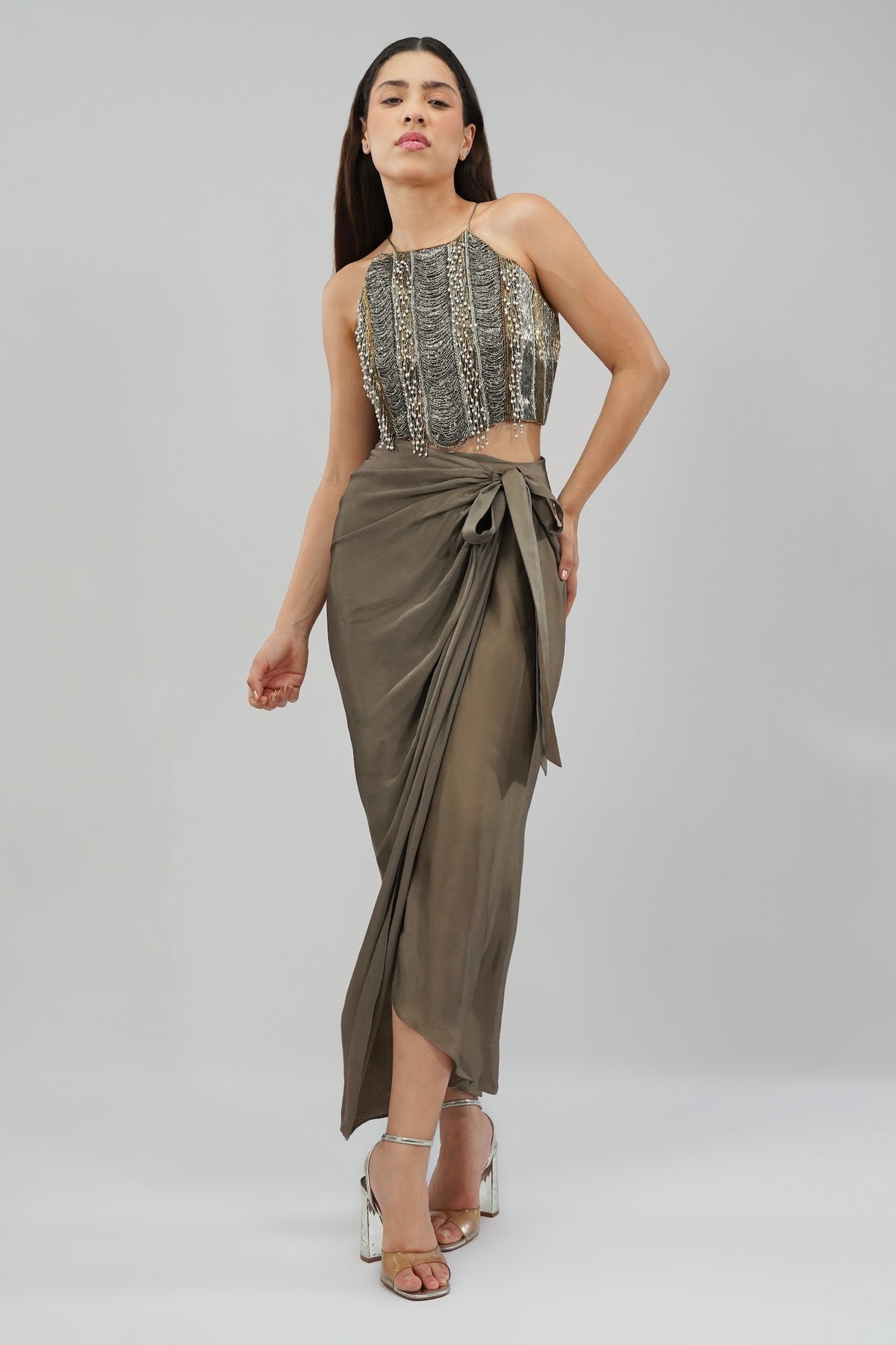 Ruche Crop Top Halterneck Fullback Antique Gold Antique Silver With Tulip Freesize Full Length Wrap Skirt Antique Gold Antique Silver