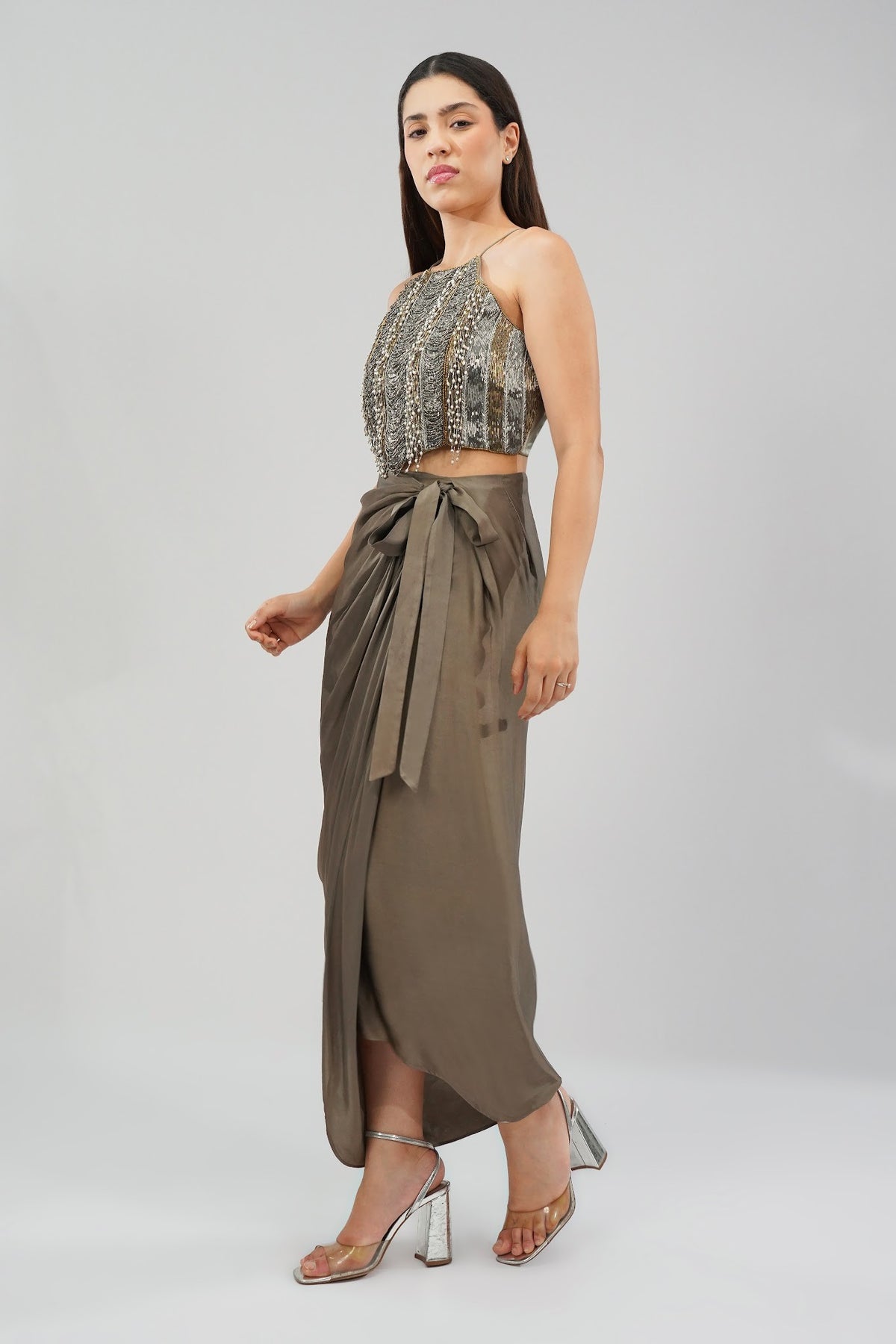 Ruche Crop Top Halterneck Fullback Antique Gold Antique Silver With Tulip Freesize Full Length Wrap Skirt Antique Gold Antique Silver
