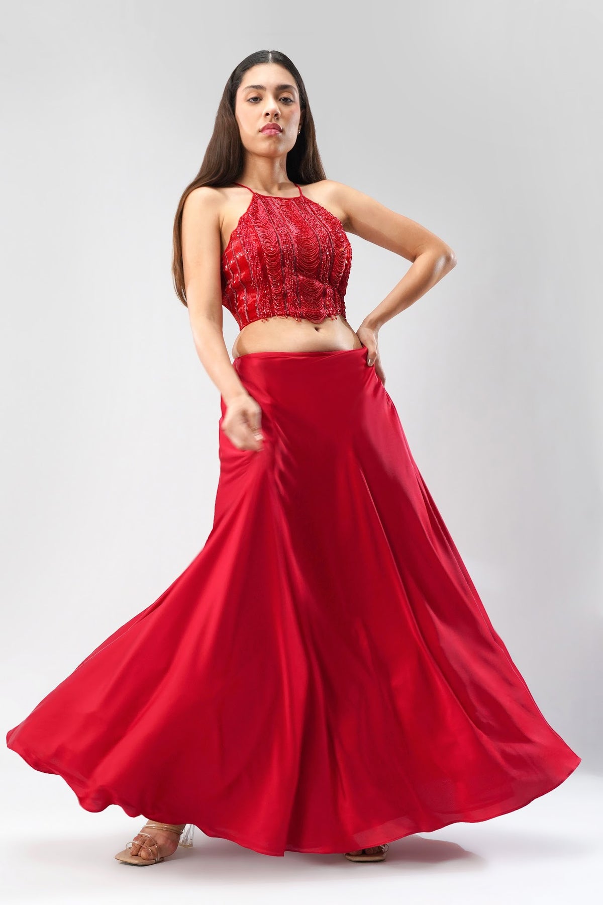 Ruche Crop Top Halterneck Fullback Carnelian Red With Plain Flare Lehenga Full Length Carnelian Red