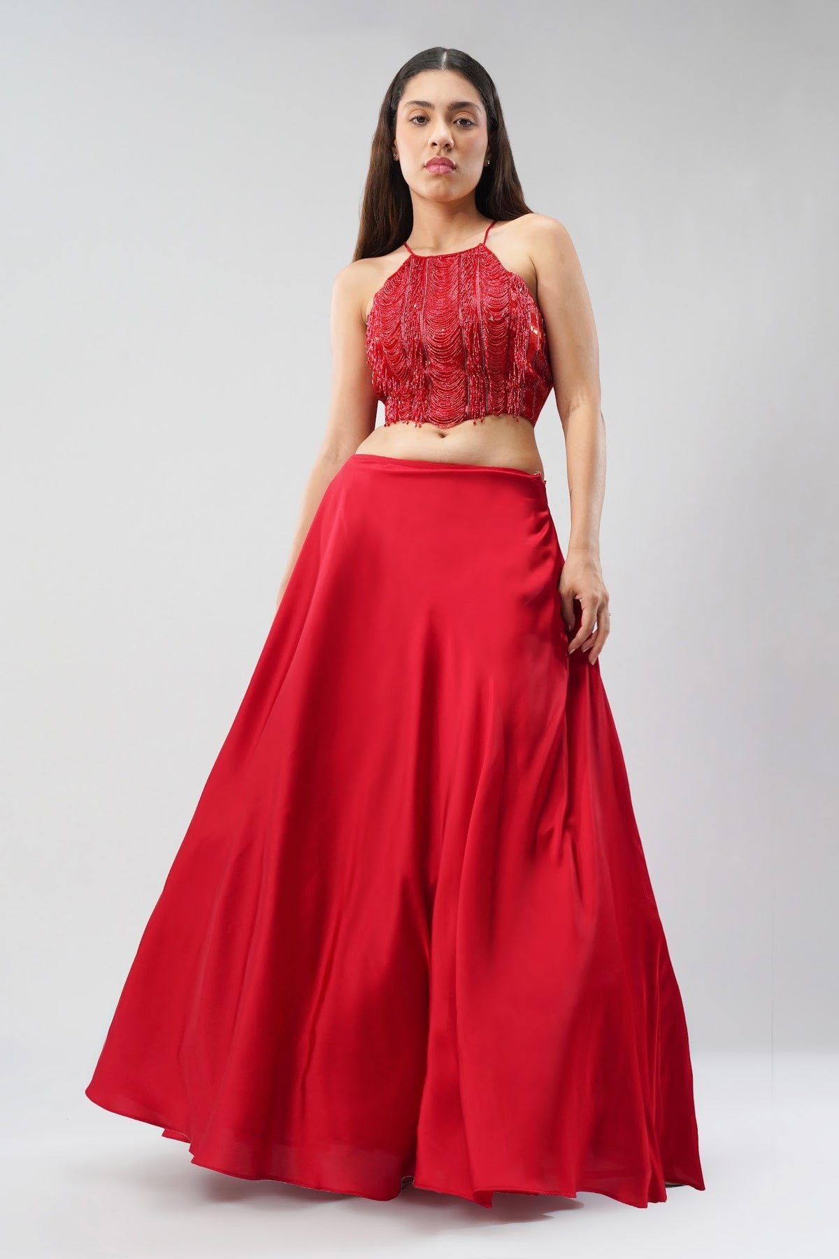 Ruche Crop Top Halterneck Fullback Carnelian Red With Plain Flare Lehenga Full Length Carnelian Red
