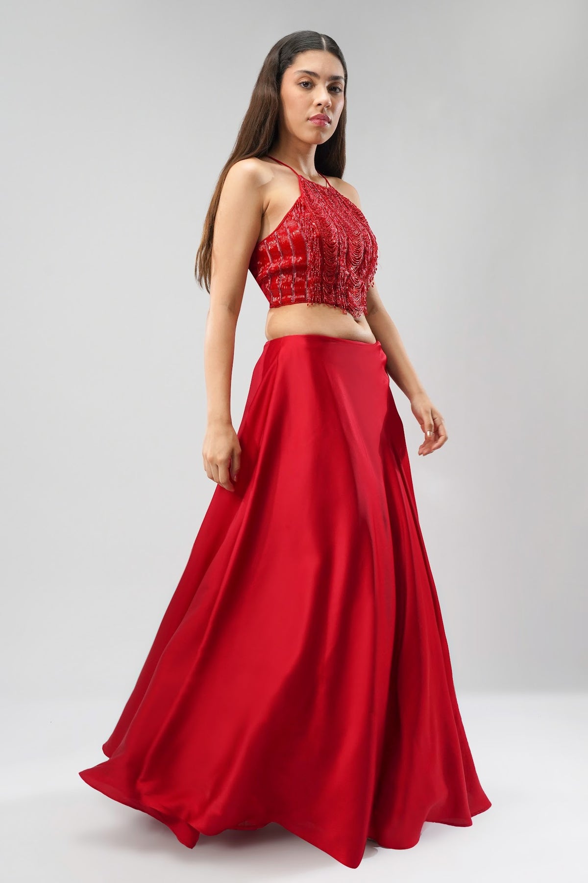 Ruche Crop Top Halterneck Fullback Carnelian Red With Plain Flare Lehenga Full Length Carnelian Red