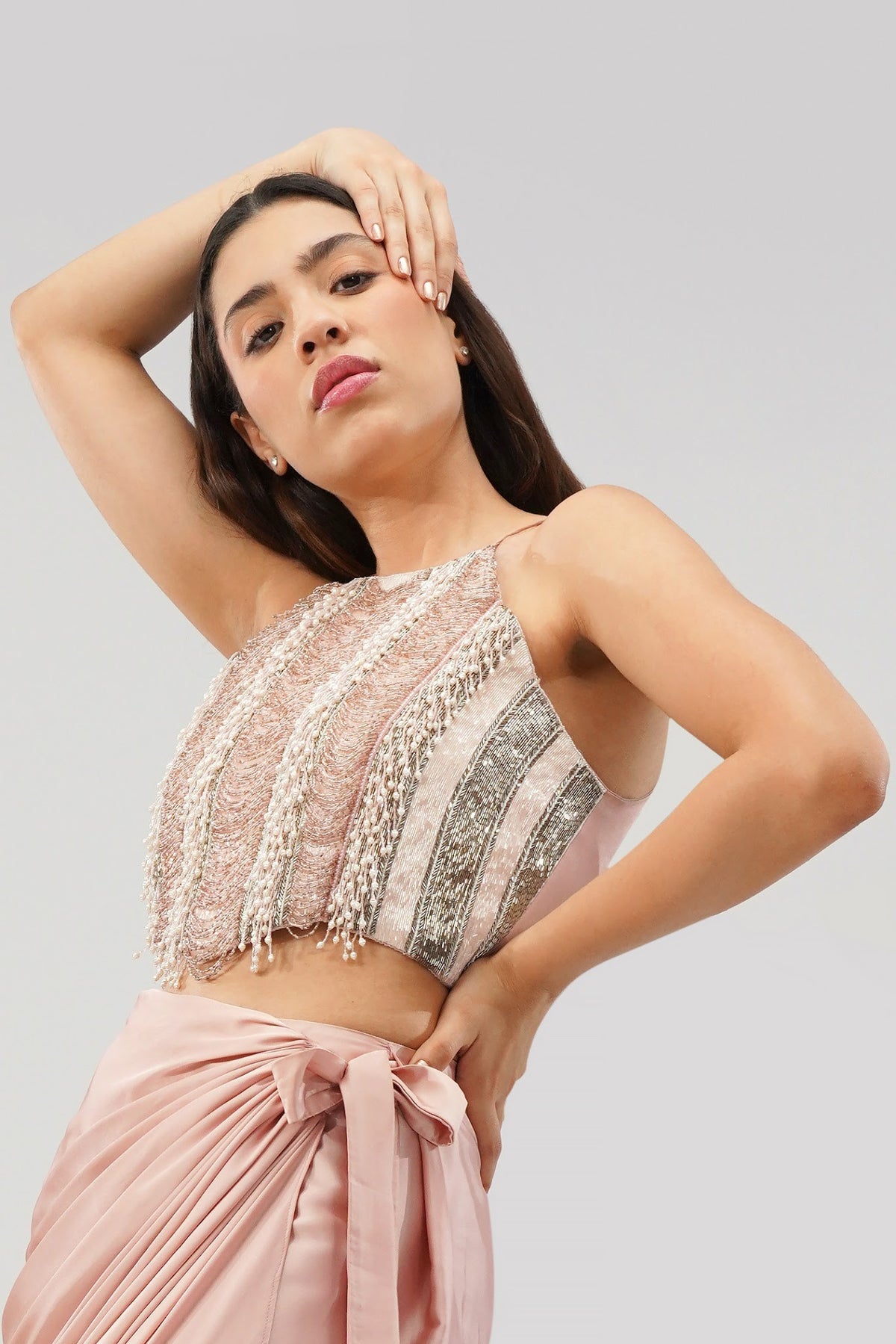 Ruche Crop Top Halterneck Fullback Rose Quartz Pink