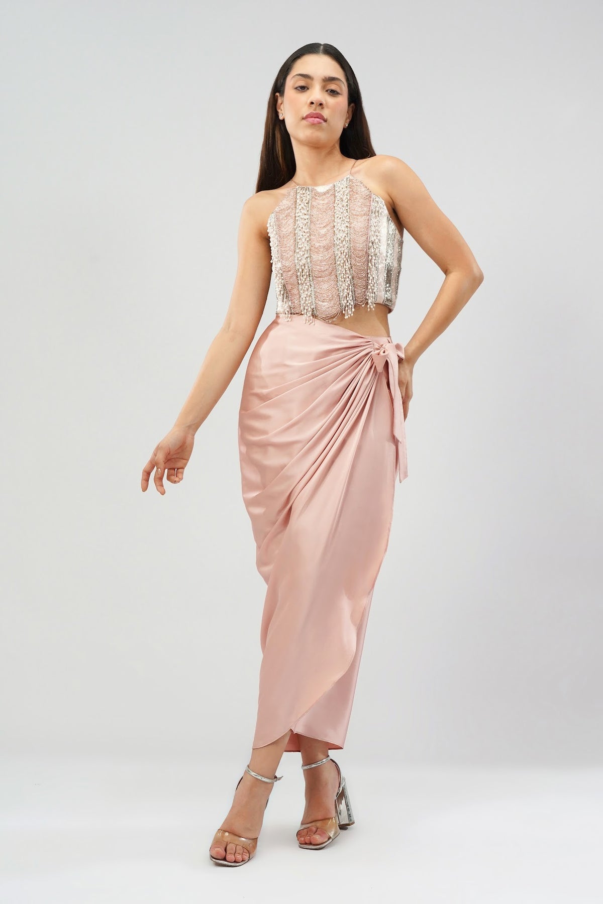 Ruche Crop Top Halterneck Fullback Rose Quartz Pink With Tulip Freesize Full Length Wrap Skirt Rose Quartz Pink