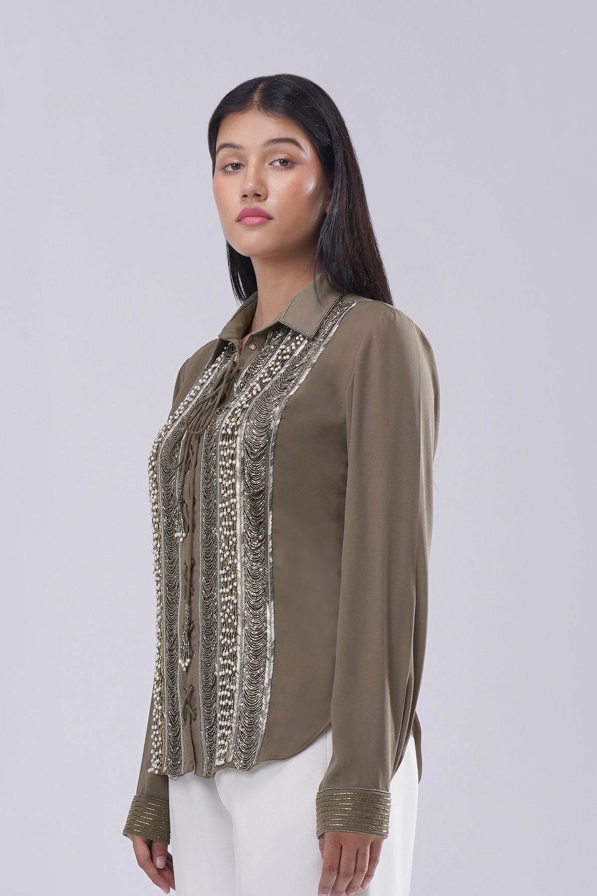 Ruche Embellished Full Sleeve Shirt Antique Gold Antique Silver