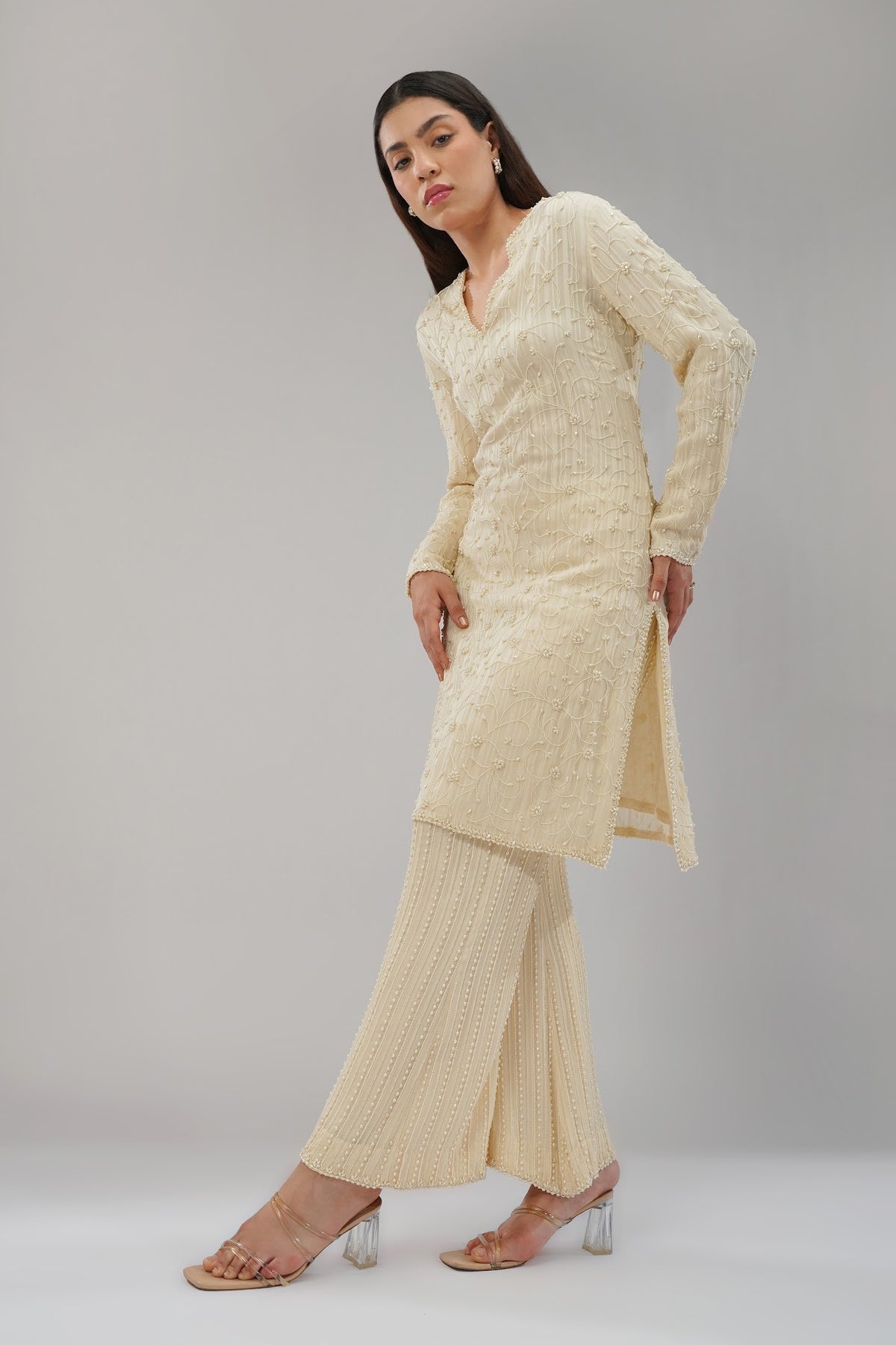 Saboo Embellished Long Kurti Pristine Ivory With Saboo Flare Pant Pristine Ivory