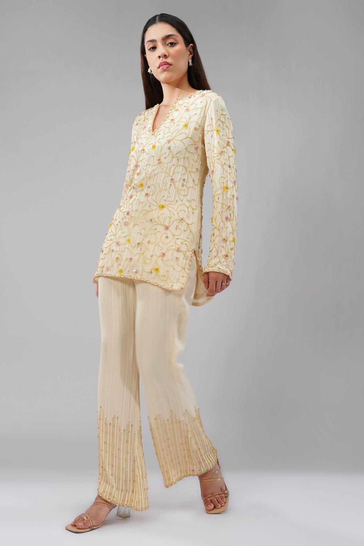 Saboo Embellished Short Kurti Pristine Ivory Multi With Saboo Embellished Flare Pant Pristine Ivory Multi